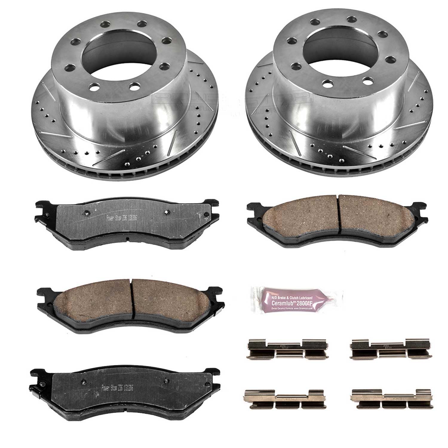 Rear Brake Kit Power Stop For 2001 2002 Dodge Ram 2500 2001 2002 Dodge Ram 3500 - Truck & Tow Carbon Fiber Ceramic Brake Pads & Drilled and Slotted Rotors Replacement, K5489-36