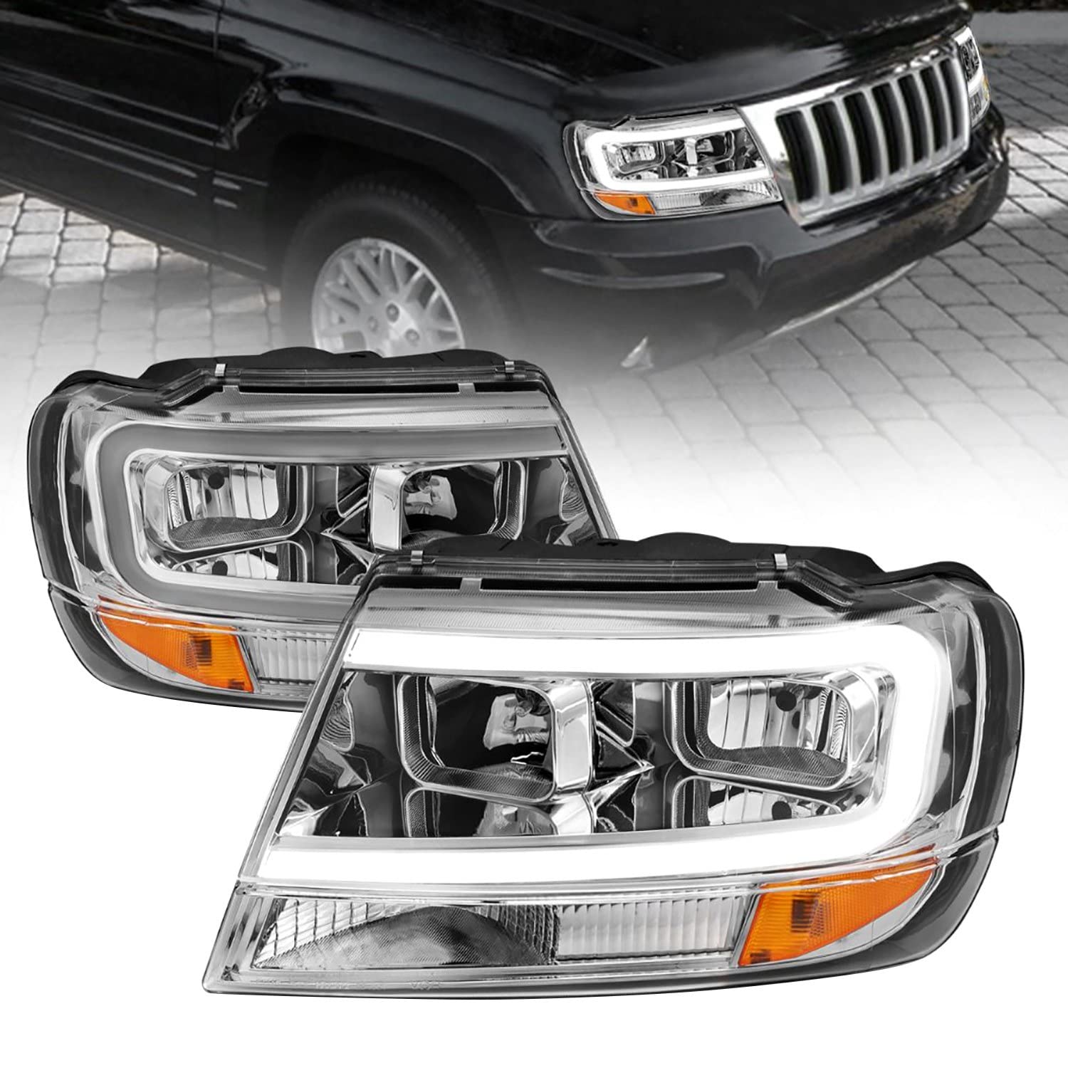 1999-2004 Jeep Grand Cherokee ANZO Crystal Headlights w/Light Bar Chrome Housing (111538)