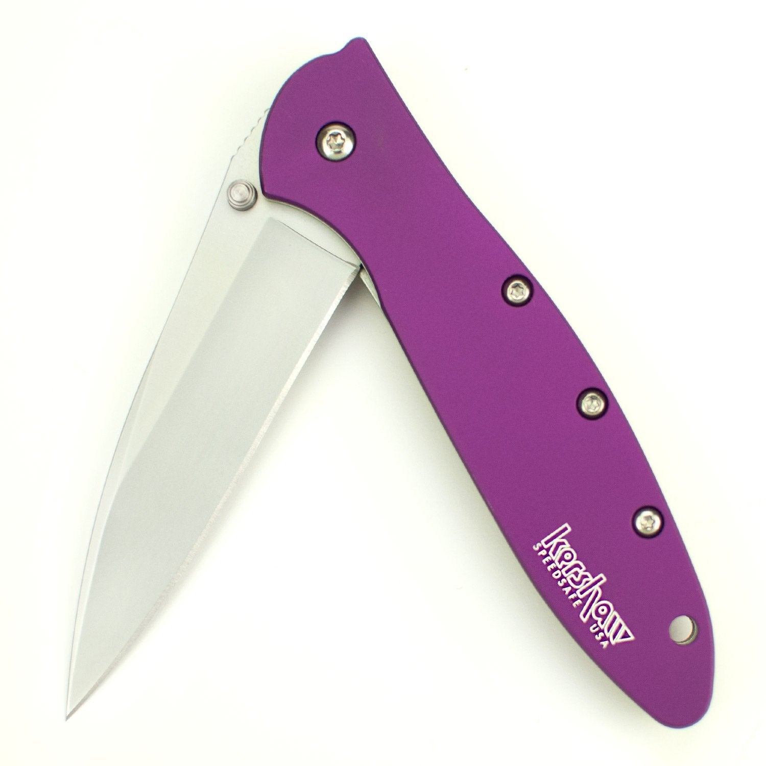 Kershaw Purple Leek Folding Knife (1660PUR); 3 Bead-Blasted High-Performance Sandvik 14C28N Steel Blade, Purple Anodized Aluminum Handle, SpeedSafe Assisted Opening, Liner and Tip Lock Slider, 2.4 OZ