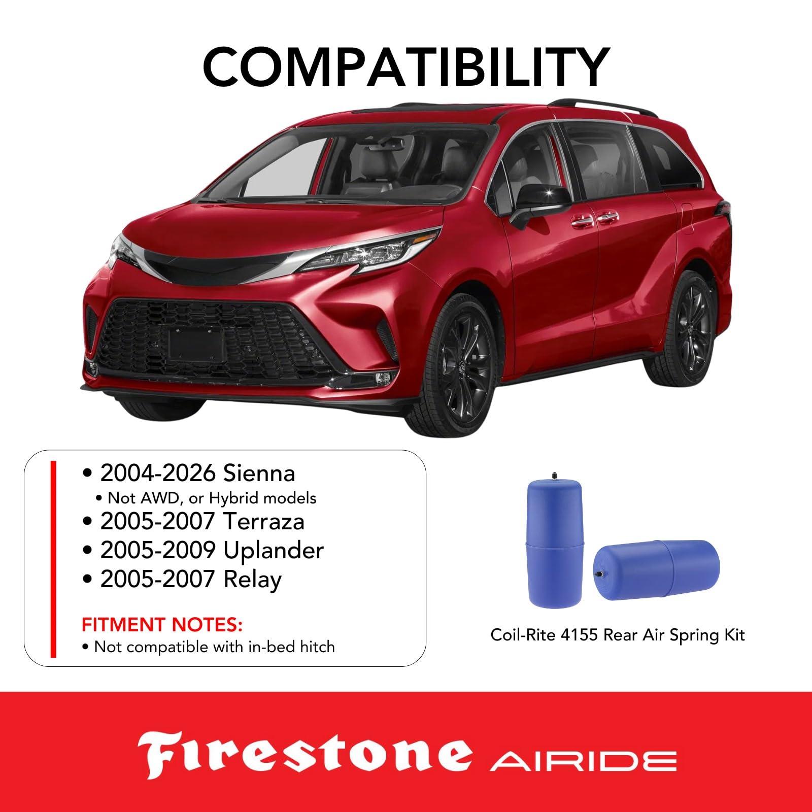 Firestone 4155 Airide Coil-Rite Rear Springs Kit fits 2004-2025 Sienna and 2005-2009 Uplander | 5-35 PSI | 1,000 lbs Load Capacity | No Drill Installation | Made of Elastic Polyurethane