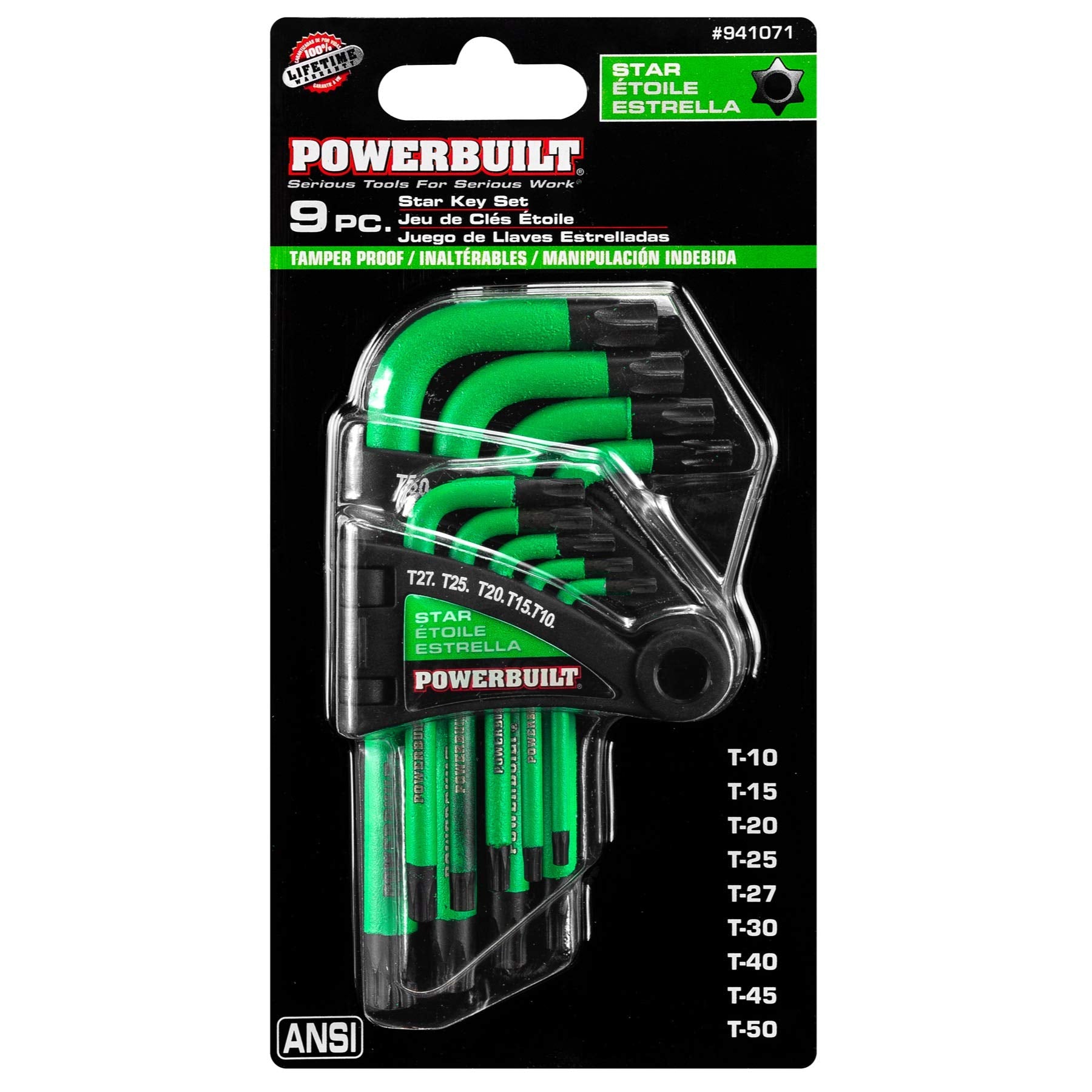 Powerbuilt 9 Piece L-Type Tamper Proof Wrench Set, Short Arm Torx Star Key, Non-Slip Handle, Hex Ball End, Holder - Green 941071