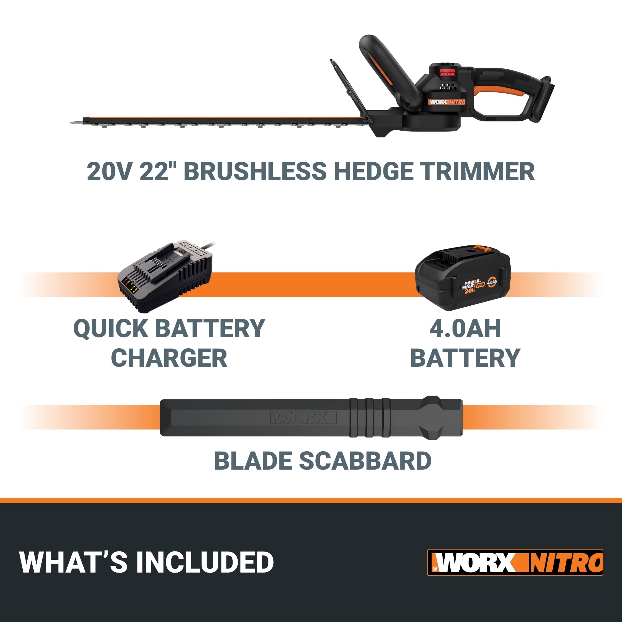 WORX 22" Nitro Cordless Hedge Trimmer, Electric Hedge Trimmer with Dual-Action Blades & 3400 SPM, Brushless Bush Trimmer Cuts Branches 1" Thick, 4.0 Ah Battery & Charger Included, WG263