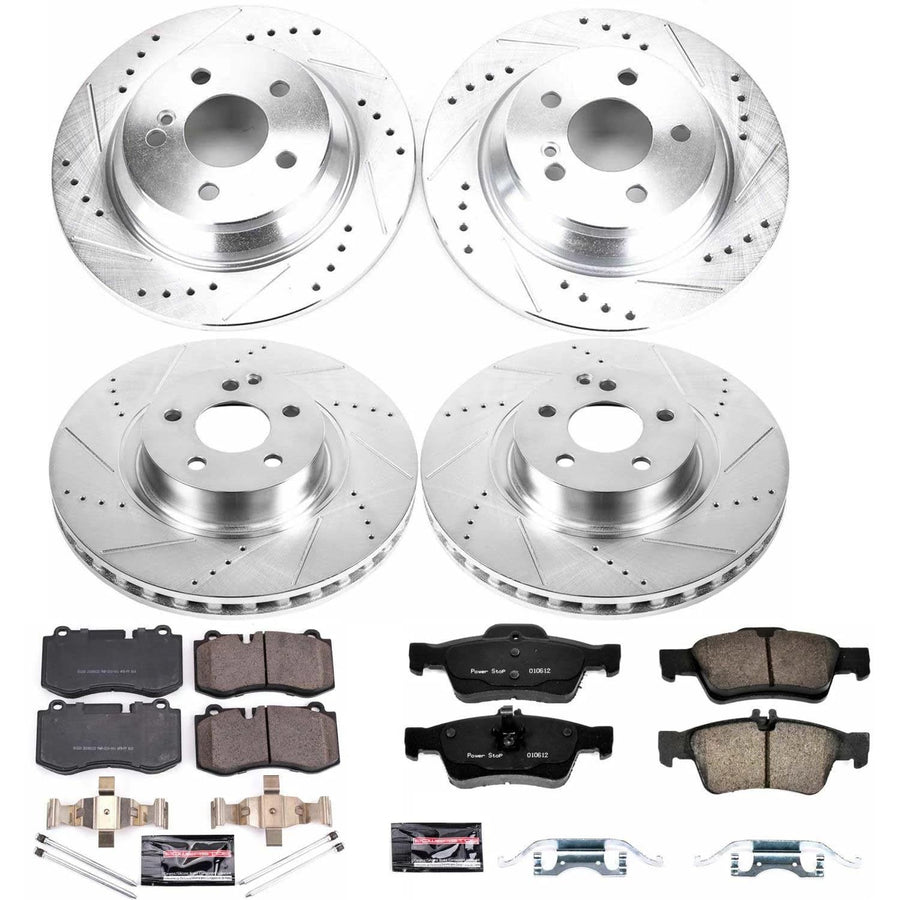 Power Stop K6758 Z23 Carbon Fiber Brake Pads Front and Rear with Drilled & Slotted Brake Rotors Kit and 1 Front & 1 Rear Sensor Wires For Mercedes CL550, Mercedes S400, Mercedes S550 [Model Specific]