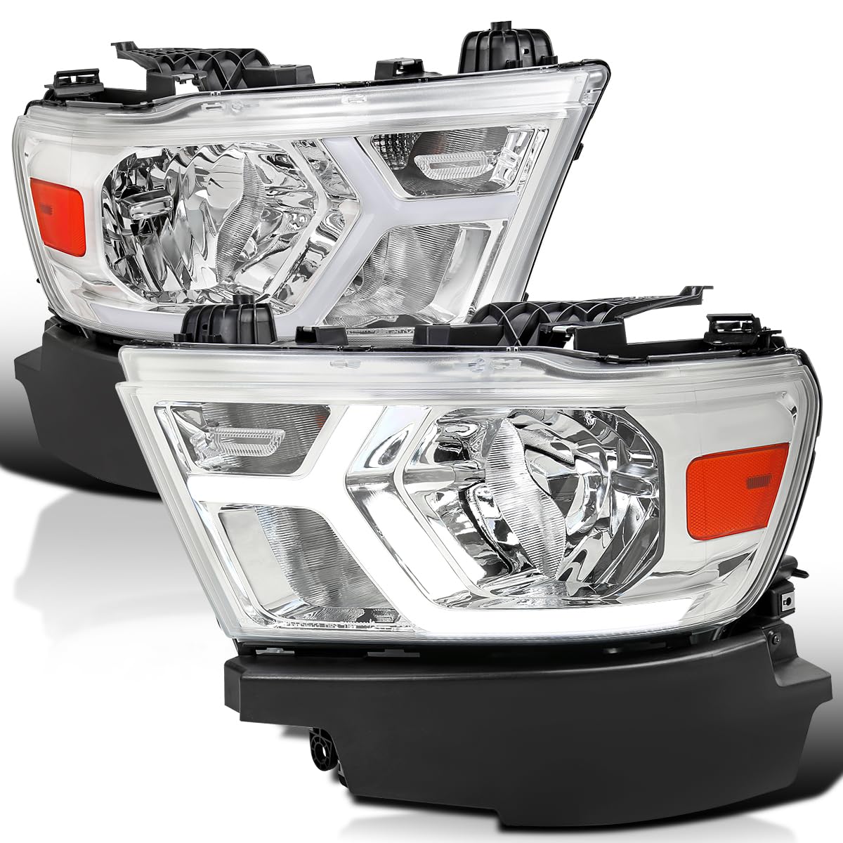 Chrome LED Tube Headlights SPEC-D TUNING Compatible with 2019-2024 Dodge Ram 1500, Left + Right Pair Headlamps Assembly