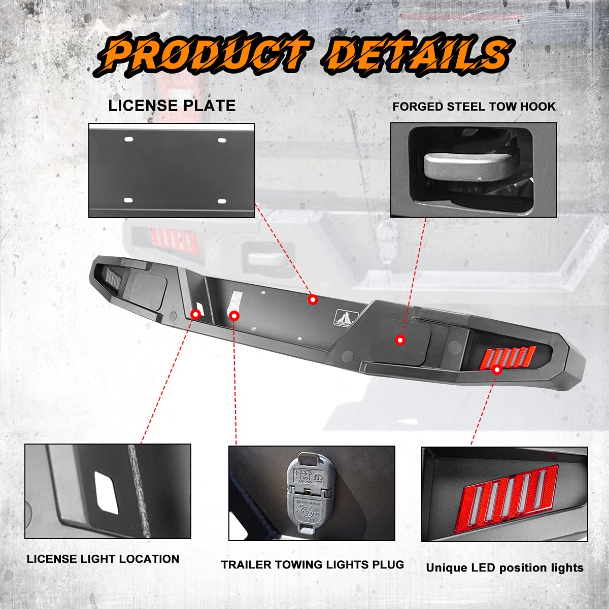 Rear Bumper WOLFSTORM Compatible with 2019 2020 2021 Jeep Gladiator JT, Rock Crawler Full Width with 2 Led Lights/Hitch Receiver