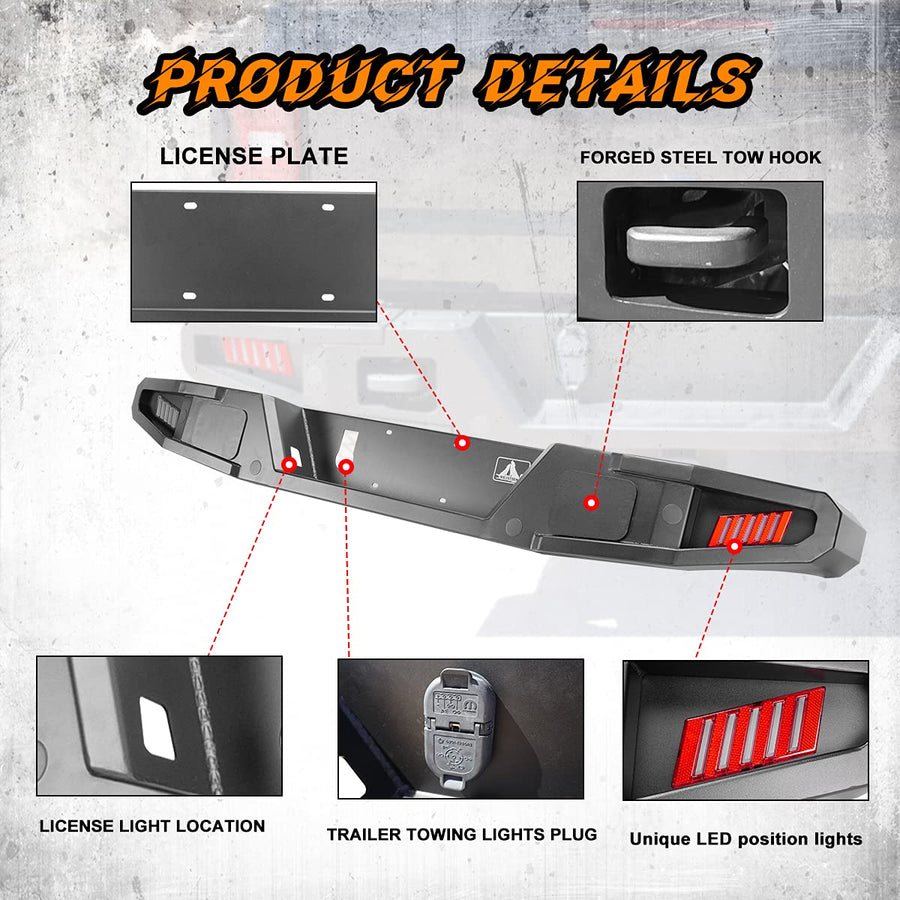 Rear Bumper WOLFSTORM Compatible with 2019 2020 2021 Jeep Gladiator JT, Rock Crawler Full Width with 2 Led Lights/Hitch Receiver