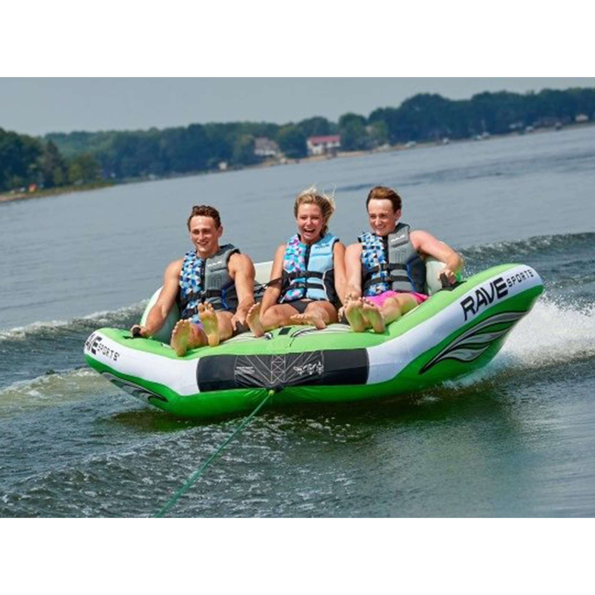 3 Person RAVE Sports Inflatable Durable Nylon Wake Hawk Towable Boating Water Tube Raft with 6 Handles, Knuckle Guards, and 2 Air Chambers, Green