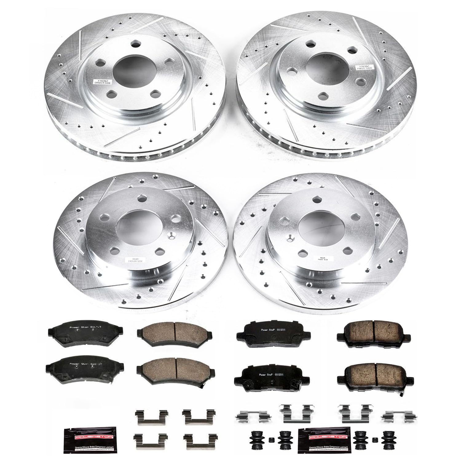 Power Stop K1589 Z23 Carbon Fiber Brake Pads Front and Rear with Drilled & Slotted Brake Rotors Kit