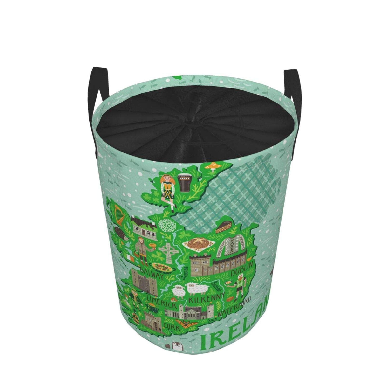 Map Of Ireland Travel Large Storage Baskets With Irish Castles People Symbols Traditional Food (1),Drawstring Waterproof Round Collapsible Laundry Hamper for Dirty Clothes Toy Home Office 21.6"X16.5"