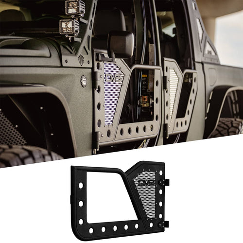Rock Doors for Wrangler JL & Gladiator JT | DV8 Offroad | RDJL-01F | Tubular Design | Anti Rattle Stopper | Aluminum Mesh Inserts | Trail Mirror Included | Black Textured Finish | Front Door Set