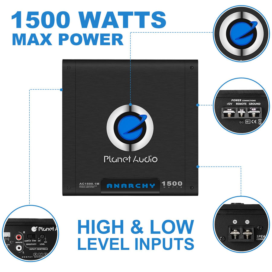 Anarchy Series Planet Audio AC1500MK Monoblock Class A/B Car Amplifier and 8 Gauge Wiring Kit - 1500 High Output, Hook Up to Subwoofer for Bass