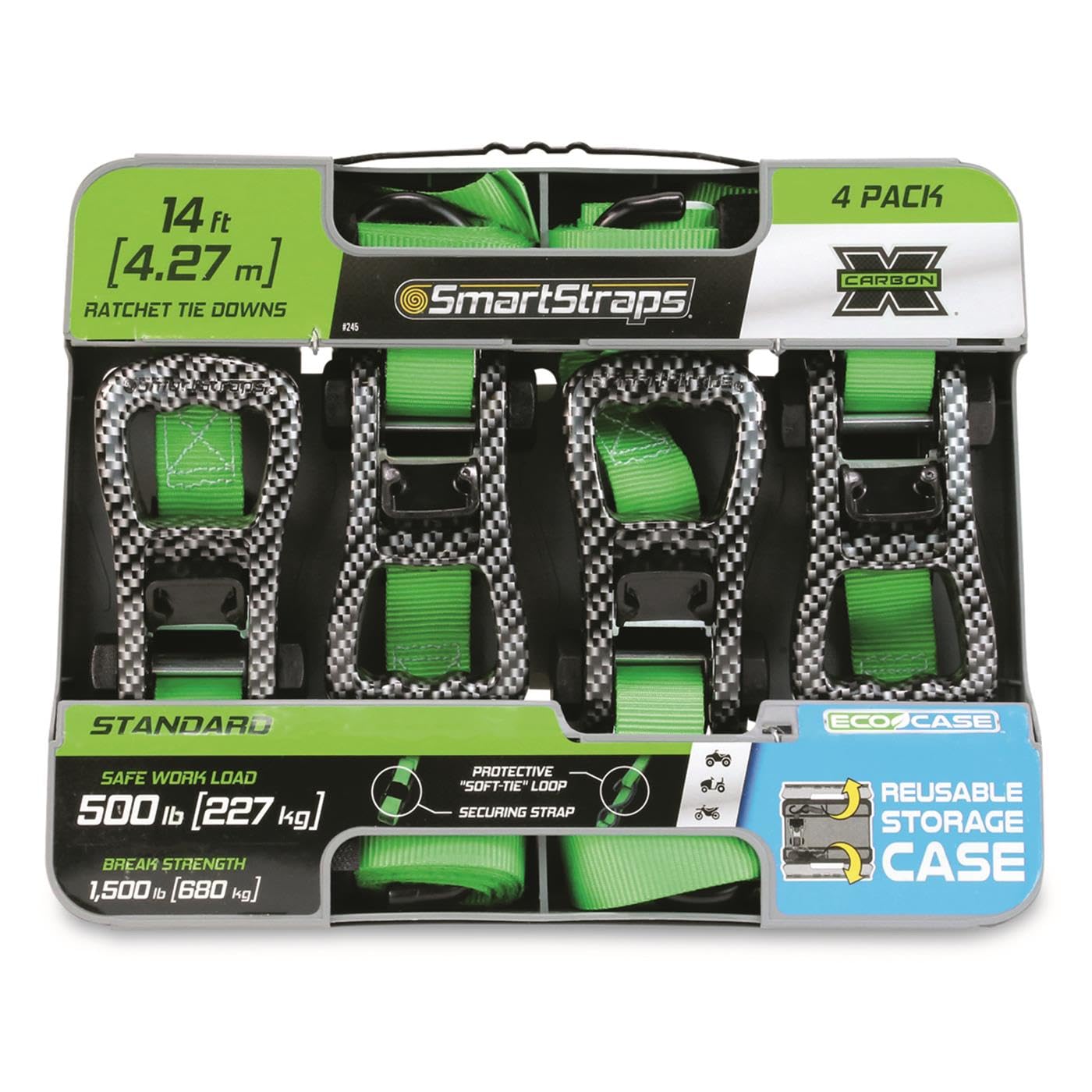 CarbonX SmartStrap Premium Ratchet Tie-Downs - 14ft.L, 4-Pack, 1,500-Lb. Breaking Strength, Green, Model Number 245