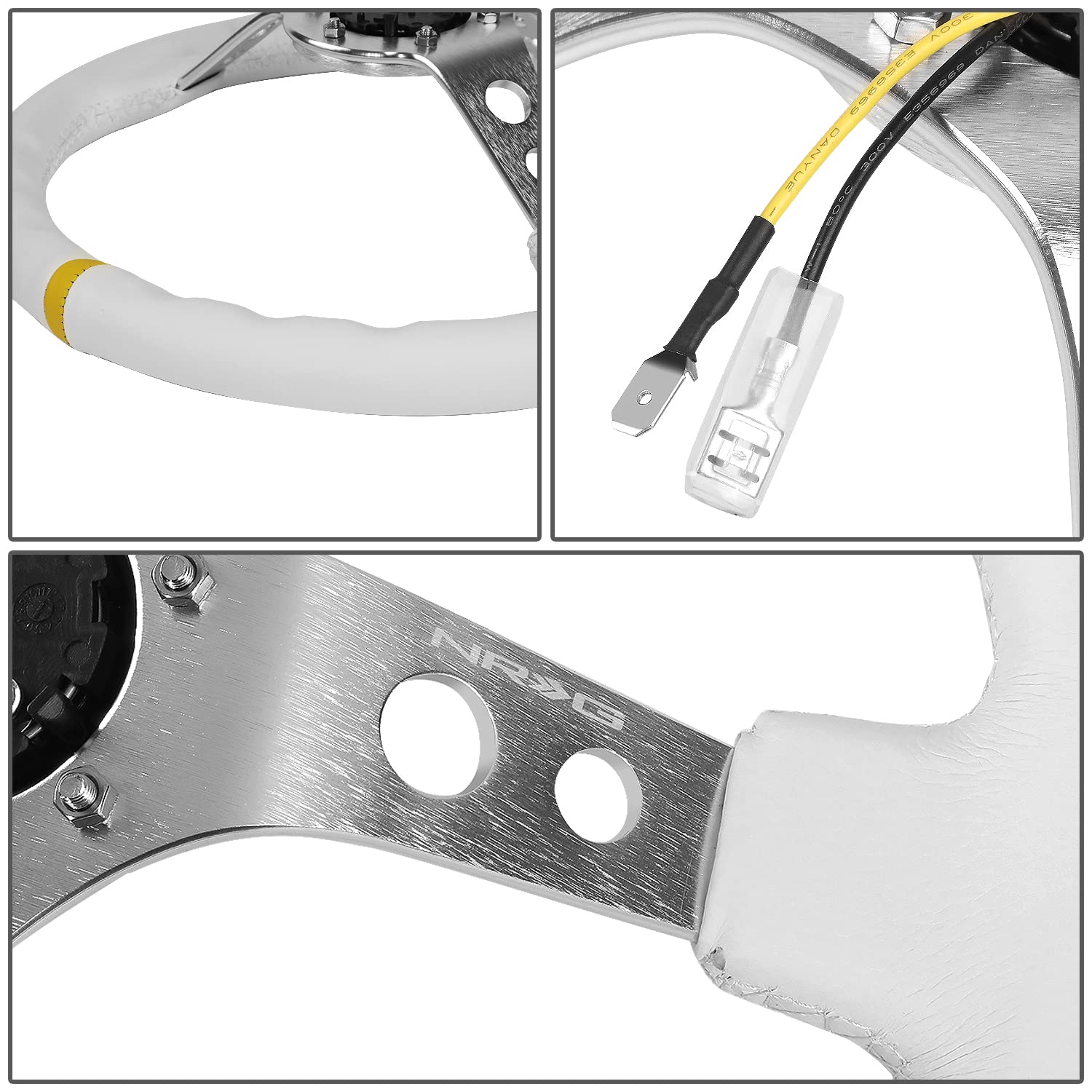NRG Innovations Reinforced NRG-RST-006WT-Y Steering Wheel 350mm Sport Steering Wheel (3" Deep), Silver Spoke with White Leather Finish and White Stitch