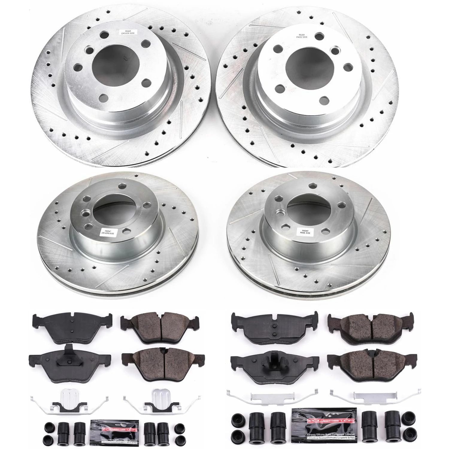 Power Stop K5766 Z23 Carbon Fiber Brake Pads Front and Rear with Drilled & Slotted Brake Rotors Kit For BMW 128i 2008-2010 [Model Specific]