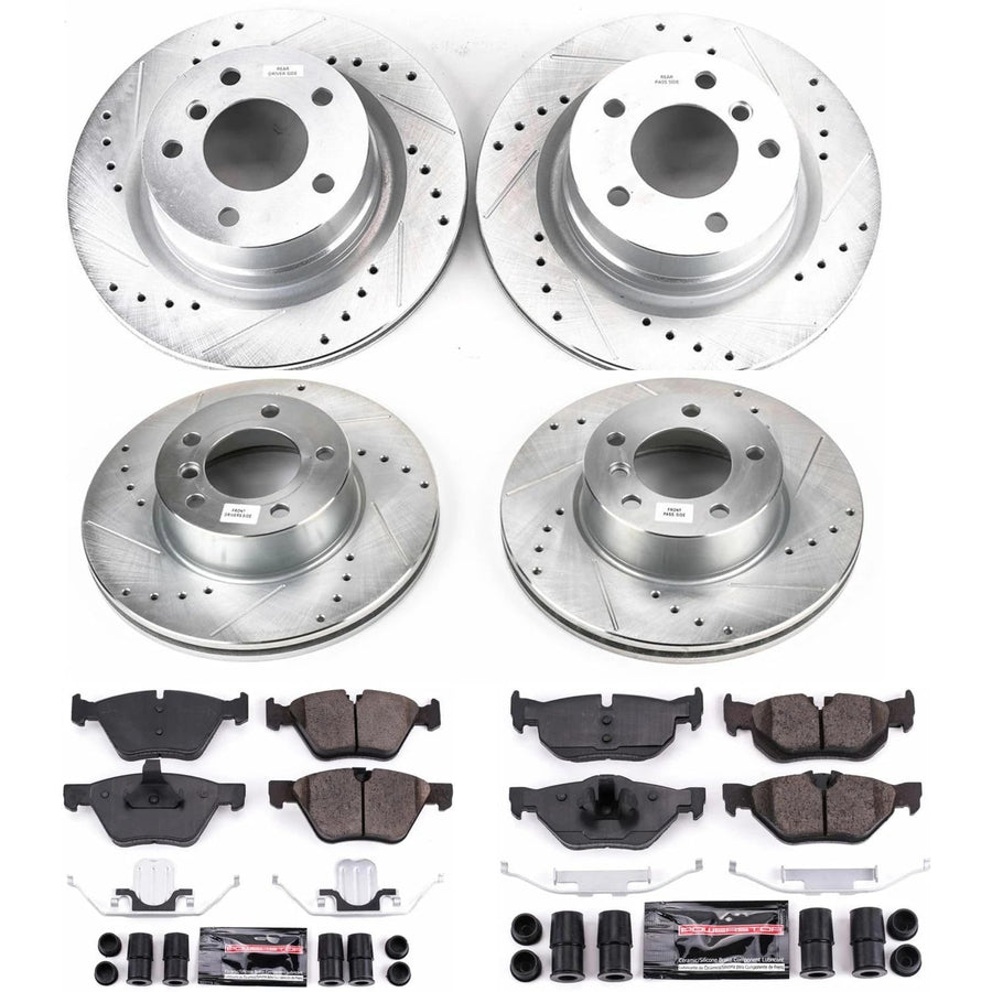 Power Stop K5766 Z23 Carbon Fiber Brake Pads Front and Rear with Drilled & Slotted Brake Rotors Kit For BMW 128i 2008-2010 [Model Specific]