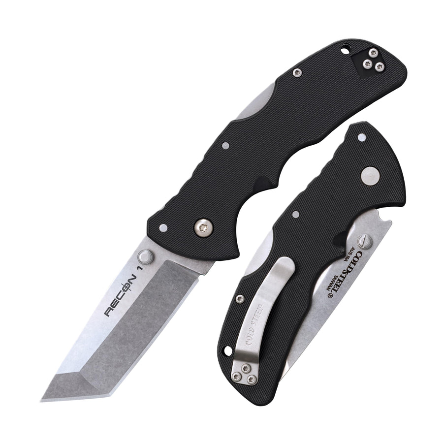 Mini Recon 1 COLD STEEL 3" AUS10A Tanto Point Blade 4" GFN Handle Folding Knife w/Tri-Ad Lock, Ambidextrous Pocket/Belt Clip