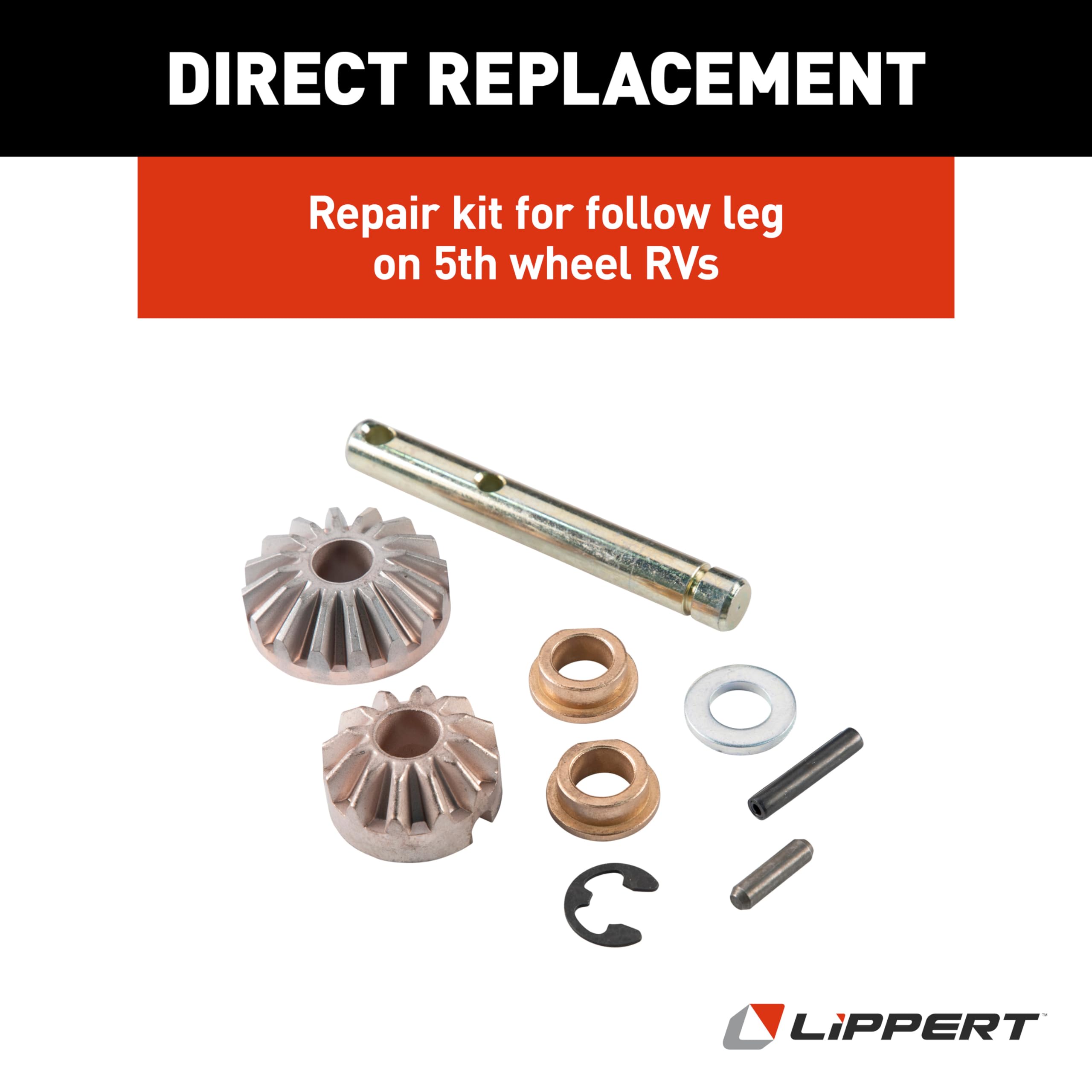 Lippert Power Repair Landing Gear Kit for 5th Wheel RV Follow Leg, Easy DIY Installation, Replacement Hardware, Drive Shaft, Bushings, E-clips, Pins, Gears, Washer - 146060