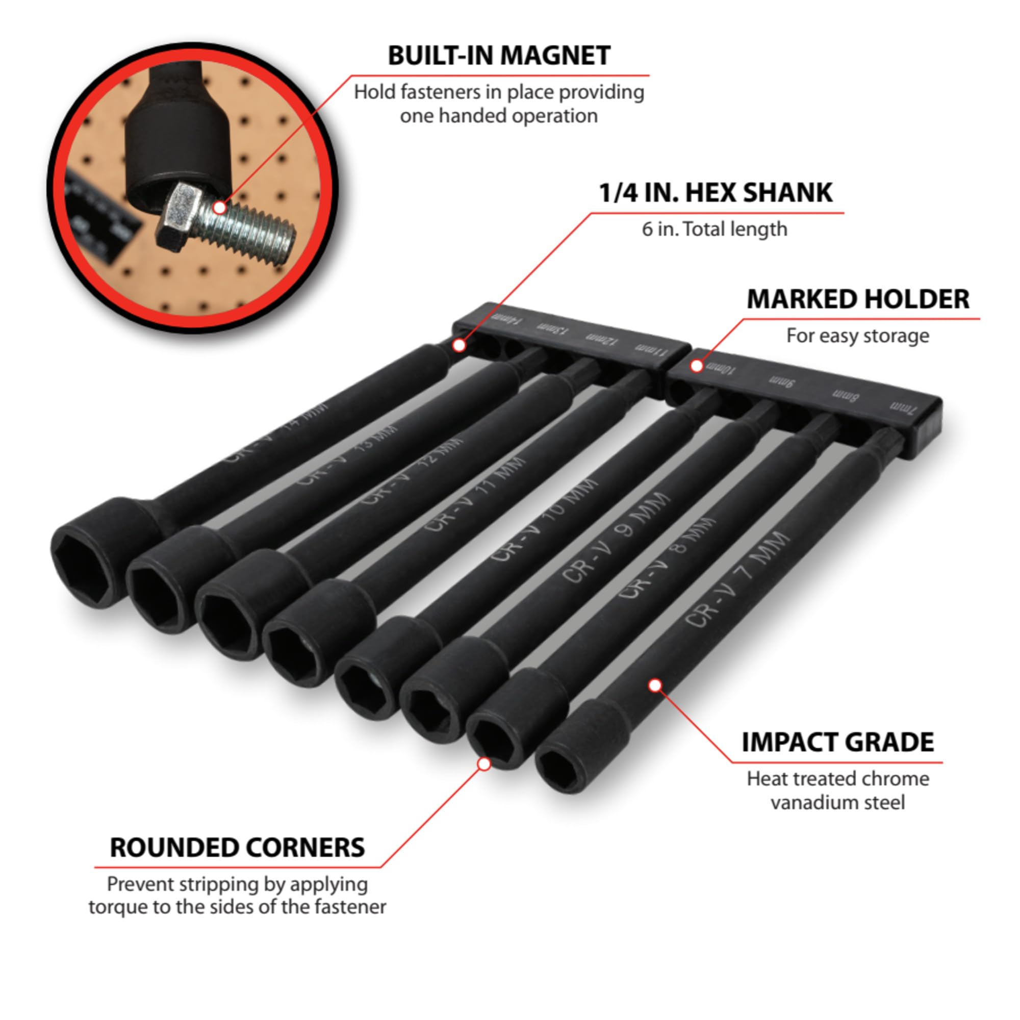 W9064 Performance Tool 9 Pc. Metric Magnetic Nut Driver Bit Set, Chrome Vanadium Steel, Black Phosphate Coating, 1/4-in. Drive, Includes Storage Rail