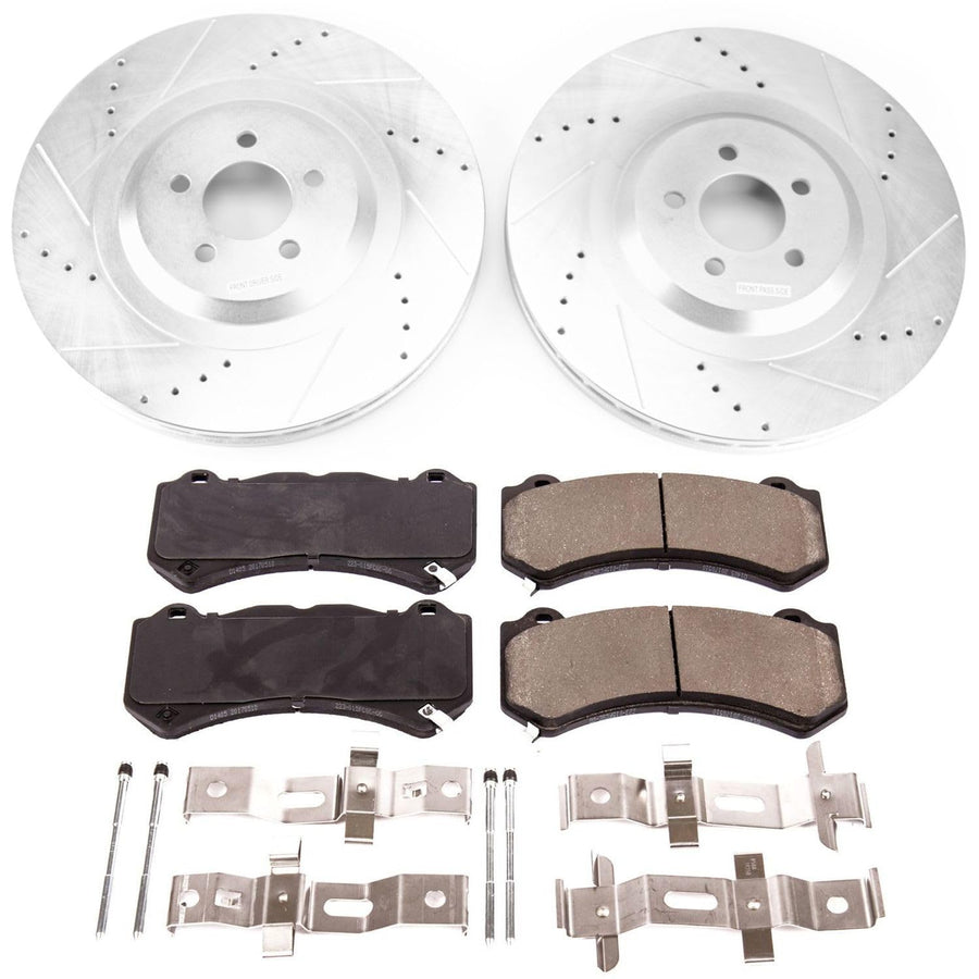 Power Stop K8169 Z23 Carbon Fiber Brake Pads Front with Drilled and Slotted Brake Rotors Kit For 2015 2016 2017 2018 2019 2020 Dodge Challenger Charger [Application Specific]