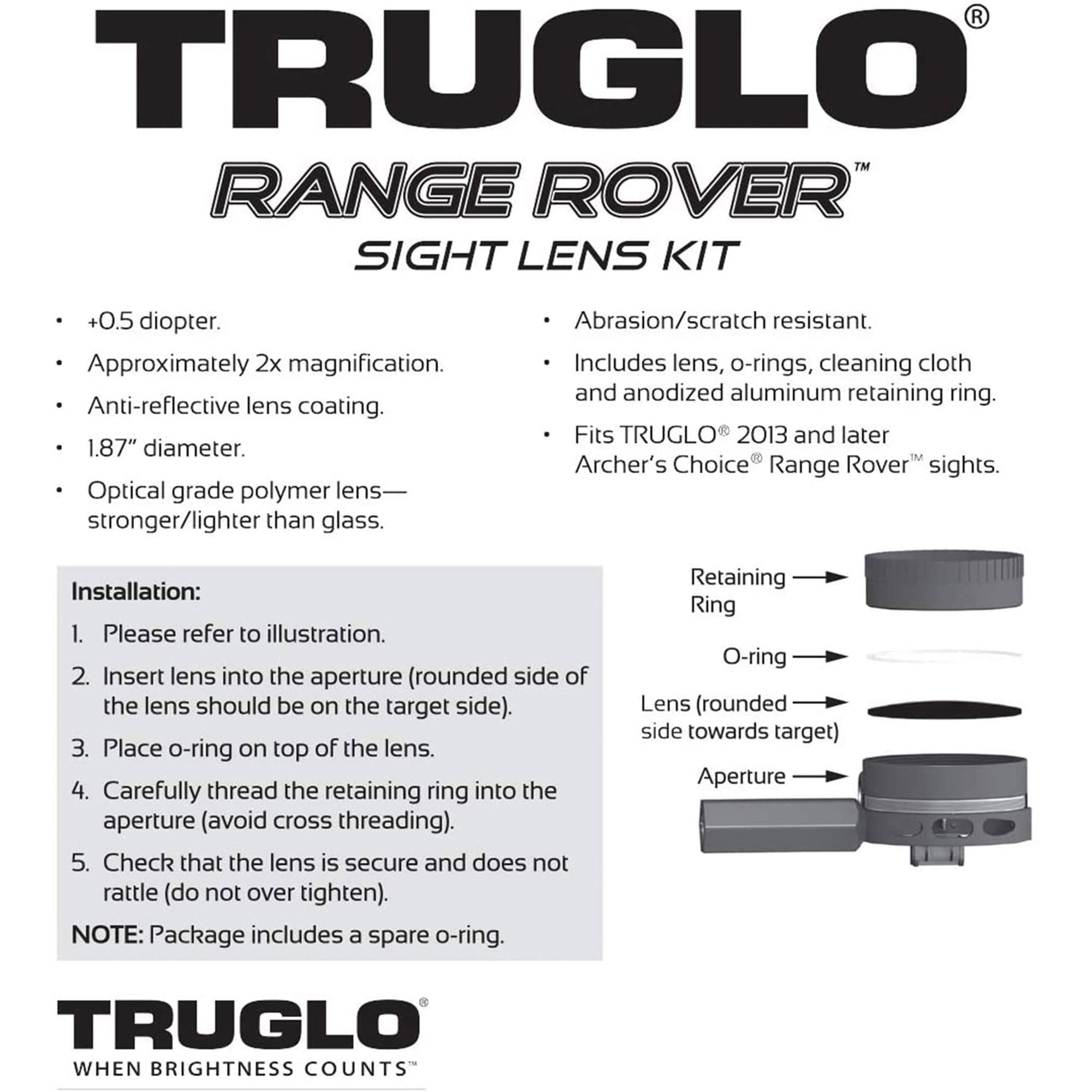 TG70A TruGlo 2X 0.5 Range Rover Bowhunting Optical Grade Polymer Diopter Sight Lens Kit with Anti-Reflective Coating and 1.87-inch Diameter