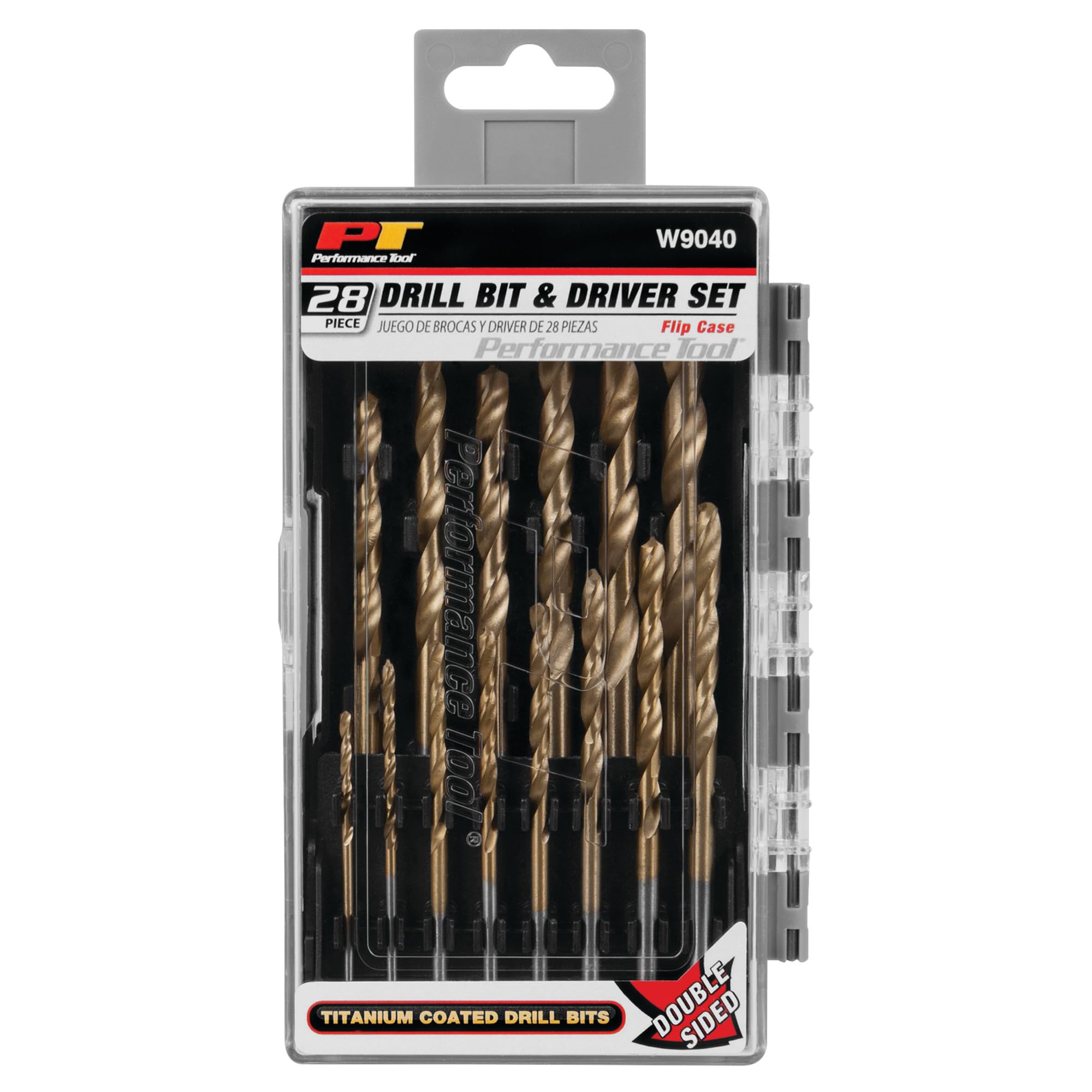 28pc Performance Tool W9040 1/4-Inch Titanium Coated Drill Bit and Driver Set with Socket Adapters, Flip Case and Hanger Tab