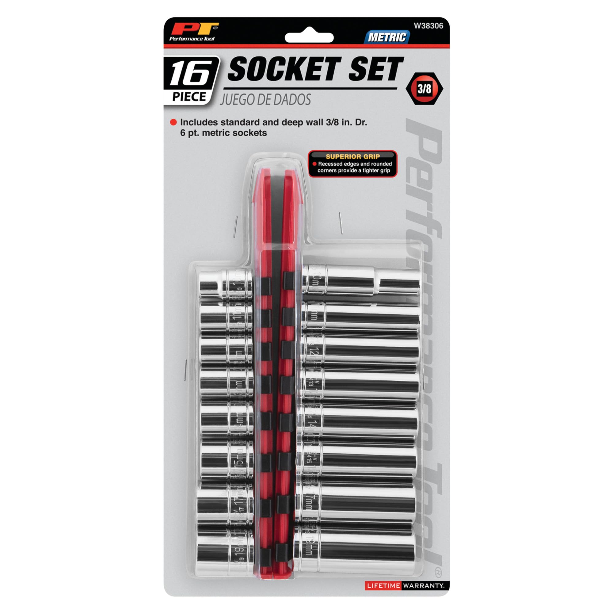 W38306 Performance Tool - 16-Piece Metric 3/8-Inch Drive Socket Set with Recessed Edges and Polished Finish