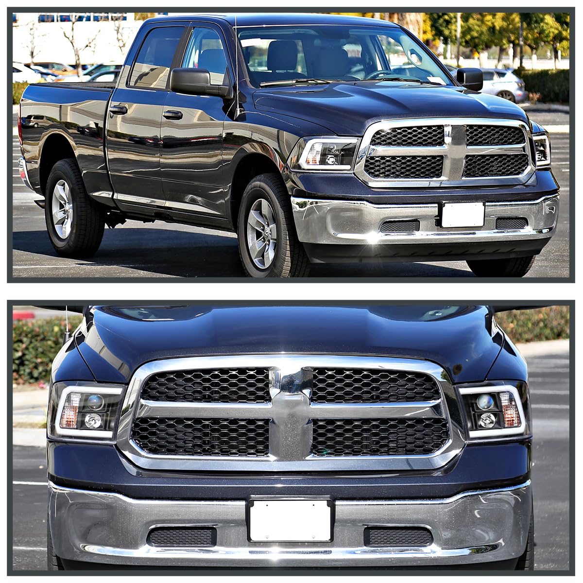 Black LED Light Bar Projector Headlights SPEC-D TUNING Compatible with 2009-2018 Dodge Ram 1500 2500 3500, Left + Right Pair Headlamps Assembly