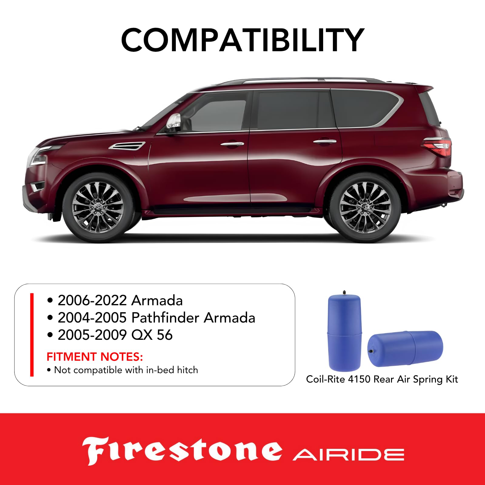 Firestone 4150 Airide Coil-Rite Rear Springs Kit fits 2006-2022 Armada and 2005-2009 QX 56 | 5-35 PSI | 1,000 lbs Load Capacity | No Drill Installation | Made of Elastic Polyurethane