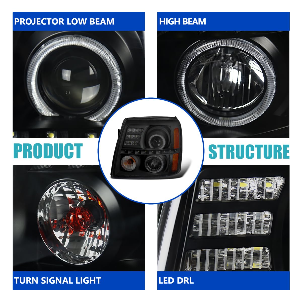 Black Smoke Halo Projector Headlights SPEC-D TUNING w/LED Compatible with 2002-2006 Cadillac Escalade All, Left + Right Pair Headlamps Assembly
