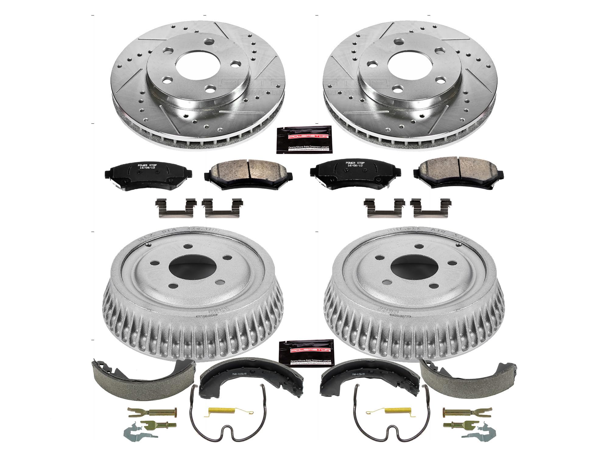 Power Stop K15121DK Z23 Carbon Fiber Brake Pads Front and Rear with Drilled & Slotted Brake Drums Kit For Buick Century, Chevrolet Venture, Oldsmobile Silhouette, Pontiac Montana [Model Specific]