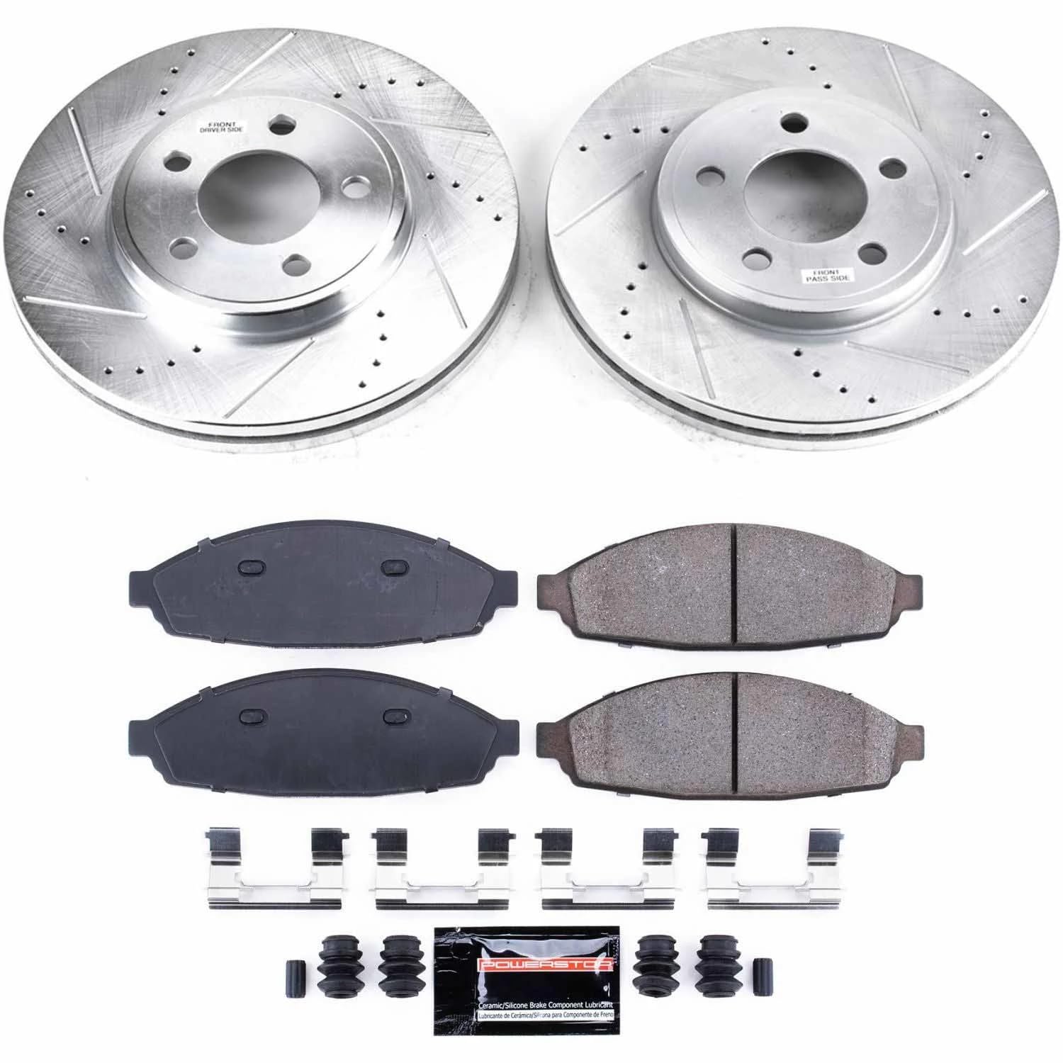 Power Stop K1364 Front Brake Pads Z23 Carbon Fiber with Drilled & Slotted Brake Rotors Kit For Ford Crown Victoria, Lincoln Town Car, Mercury Grand Marquis, Mercury Marauder [Model Specific]