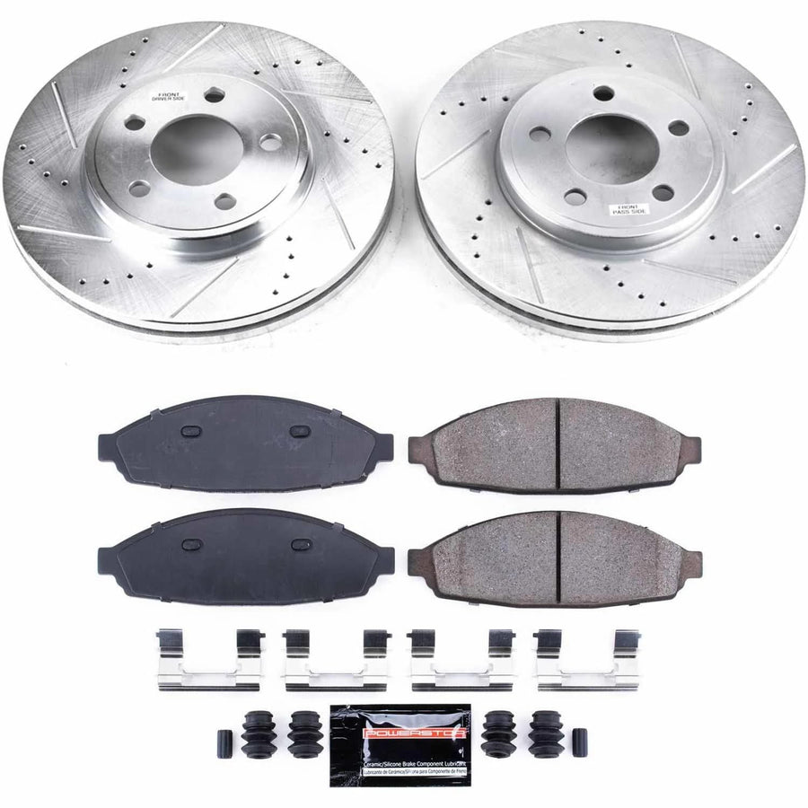 Power Stop K1364 Front Brake Pads Z23 Carbon Fiber with Drilled & Slotted Brake Rotors Kit For Ford Crown Victoria, Lincoln Town Car, Mercury Grand Marquis, Mercury Marauder [Model Specific]