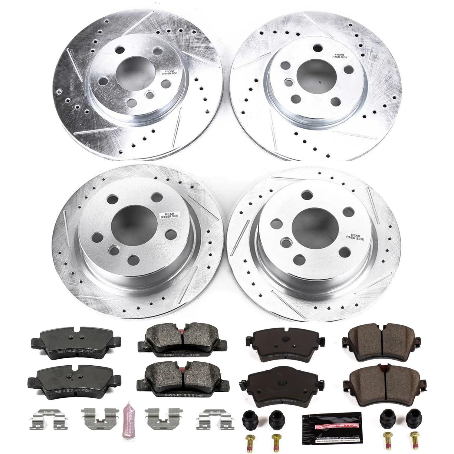 Power Stop K7981 Z23 Evolution Sport Brake Upgrade Kit Front & Rear and 1 Front & 1 Rear Sensor Wires For Mini Cooper 2014-2021 [Model Specific]