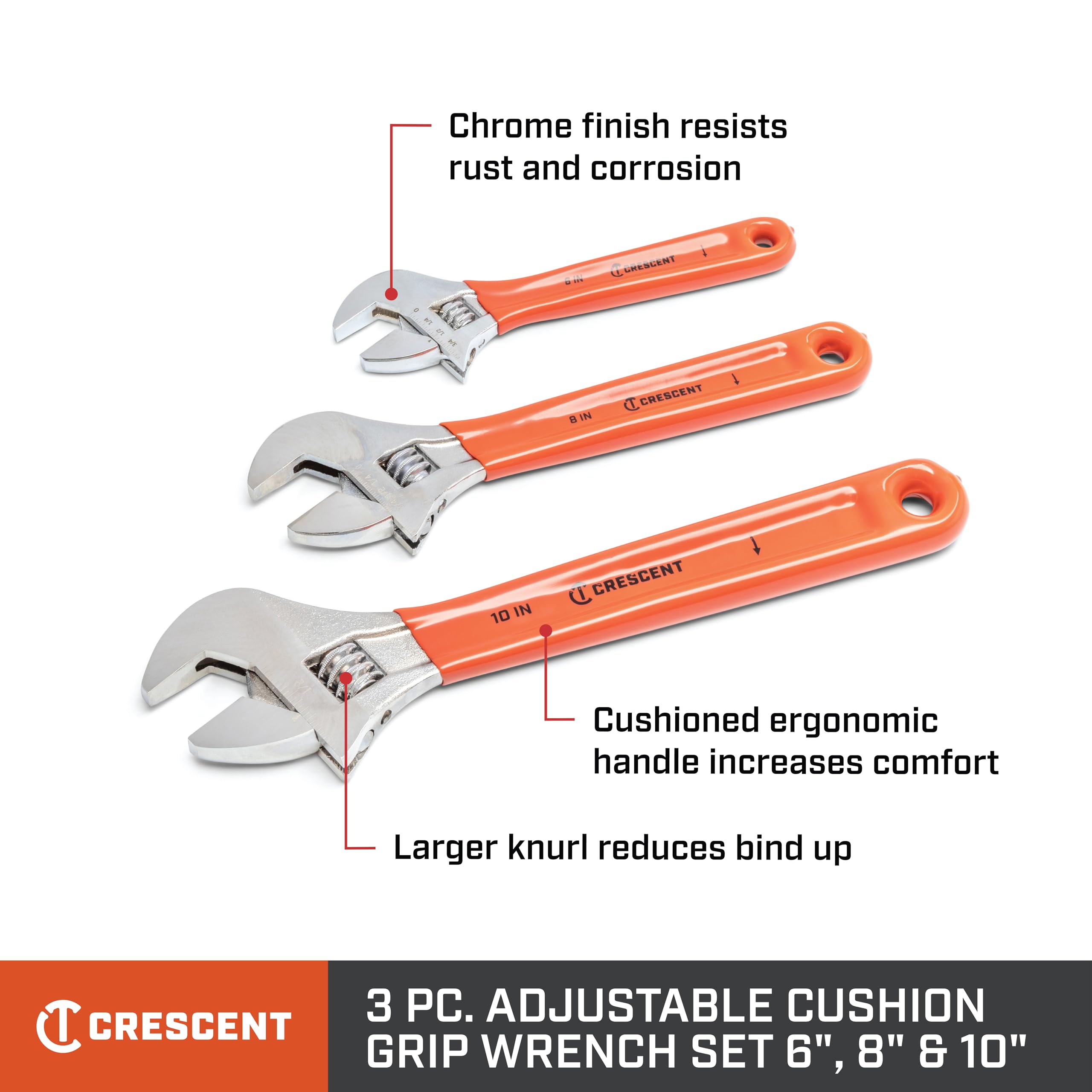 Crescent 3 Piece Wrench Set Adjustable Cushion Grip 6", 8" & 10" - AC26810CV