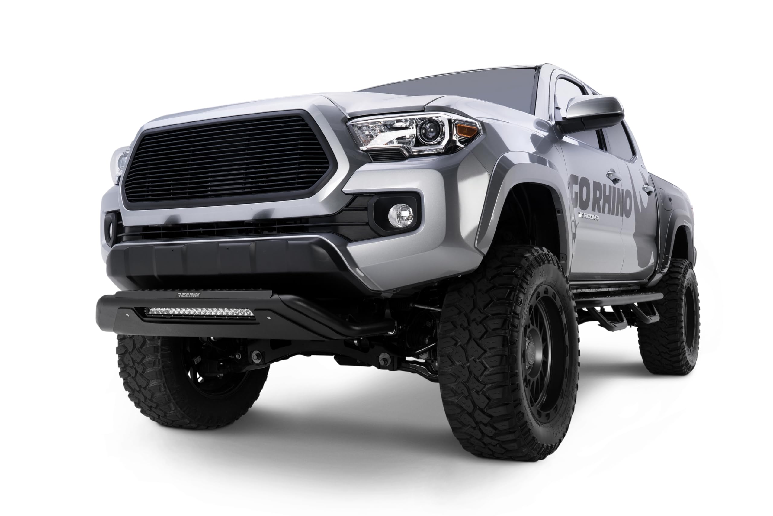 RC3 Grille Guard Go Rhino w/Center Steel Step and Hole for 20" Single Row LED Light Bar | Mild Steel, Textured Black | 55211T