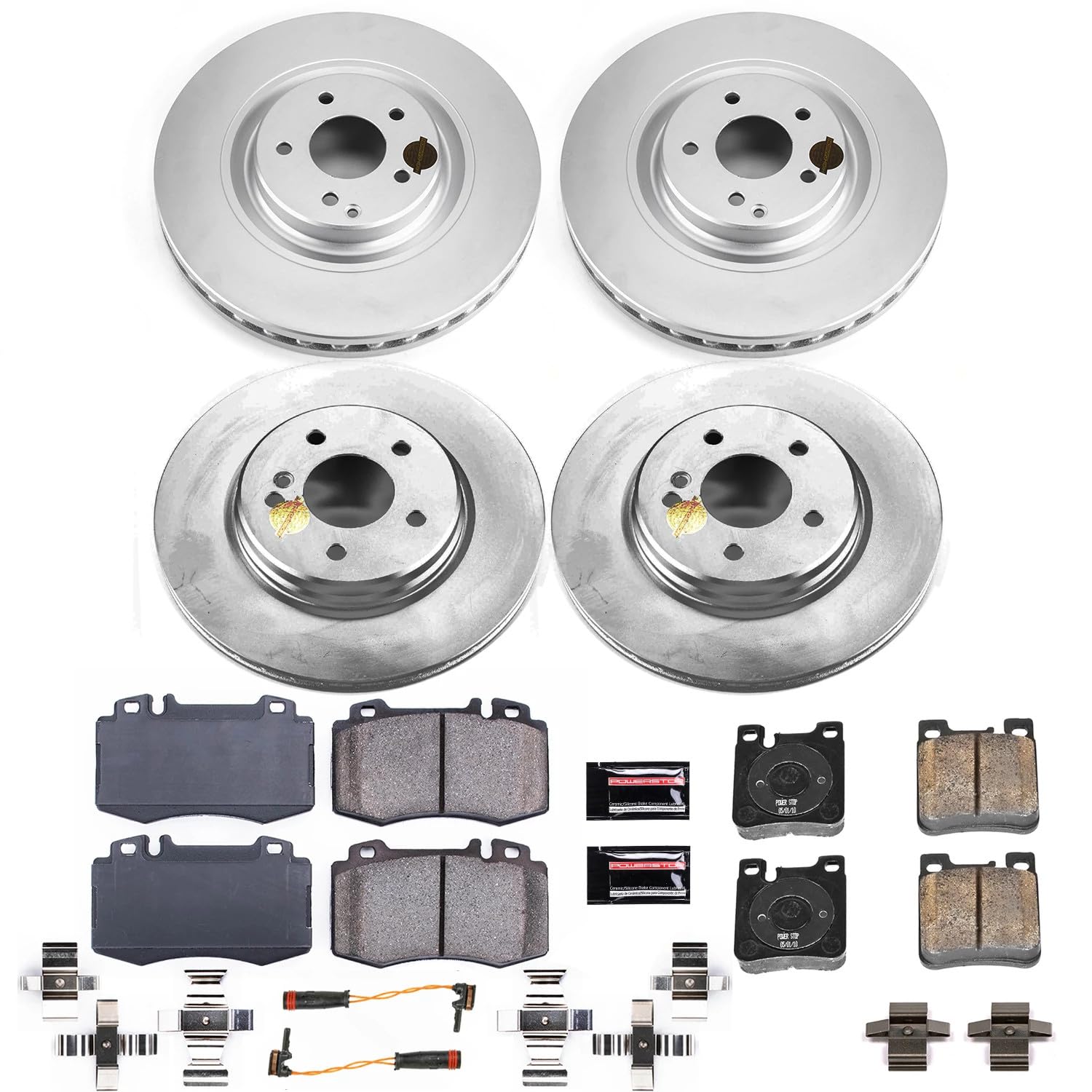 Power Stop CRK7828 Brake Rotor Coated and Ceramic Brake Pads- Front & Rear For Mercedes-Benz CLK500 2003-2006 [Model Specific]