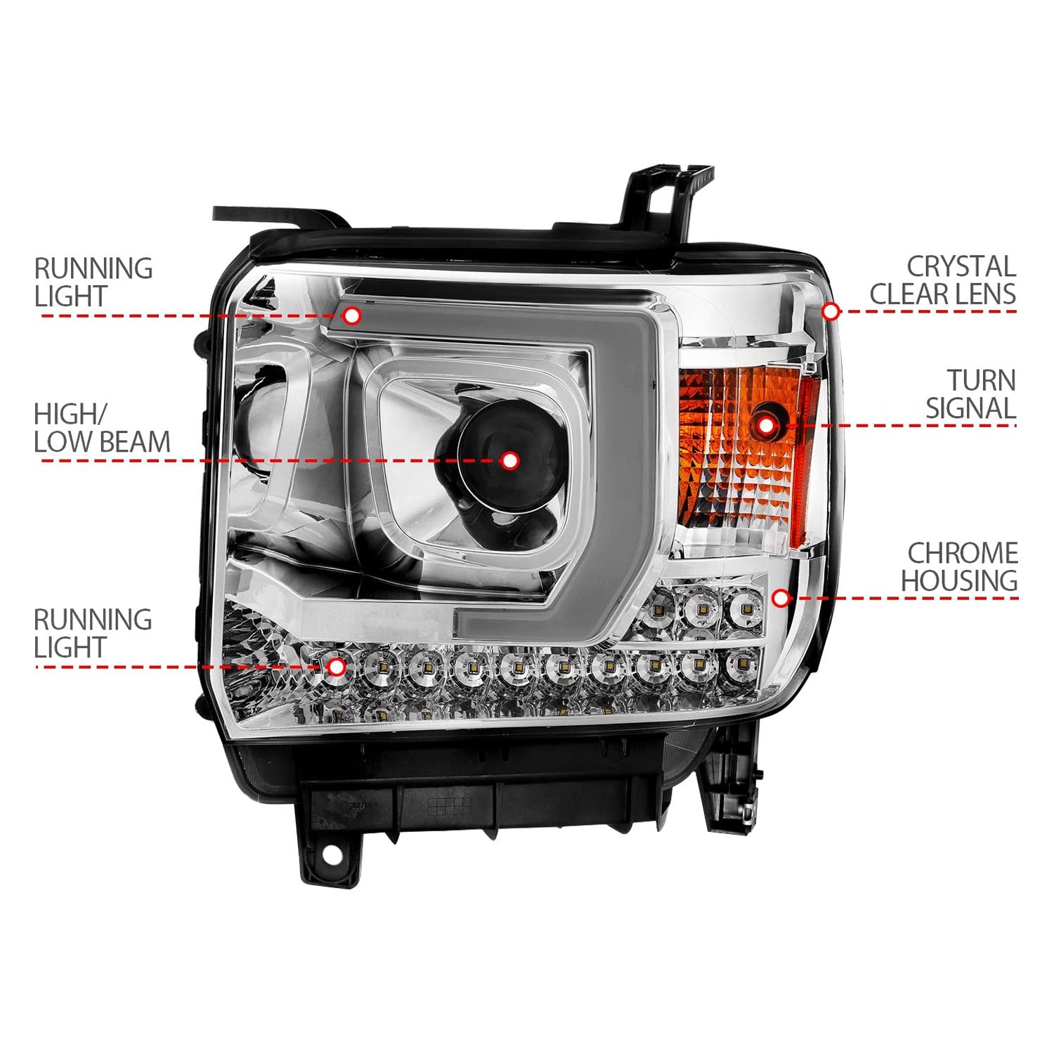 14-15 GMC Sierra 1500/2500HD/3500HD Aridex Plank Style Projector Headlight - Chrome Housing (111553)