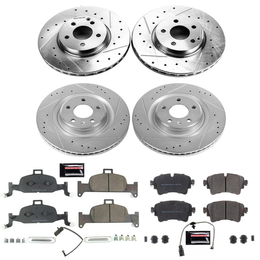 Power Stop K8053 Z23 Carbon Fiber Brake Pads with Drilled & Slotted Brake Rotors Kit Front and Rear and 1 Front & 1 Rear Sensor Wires