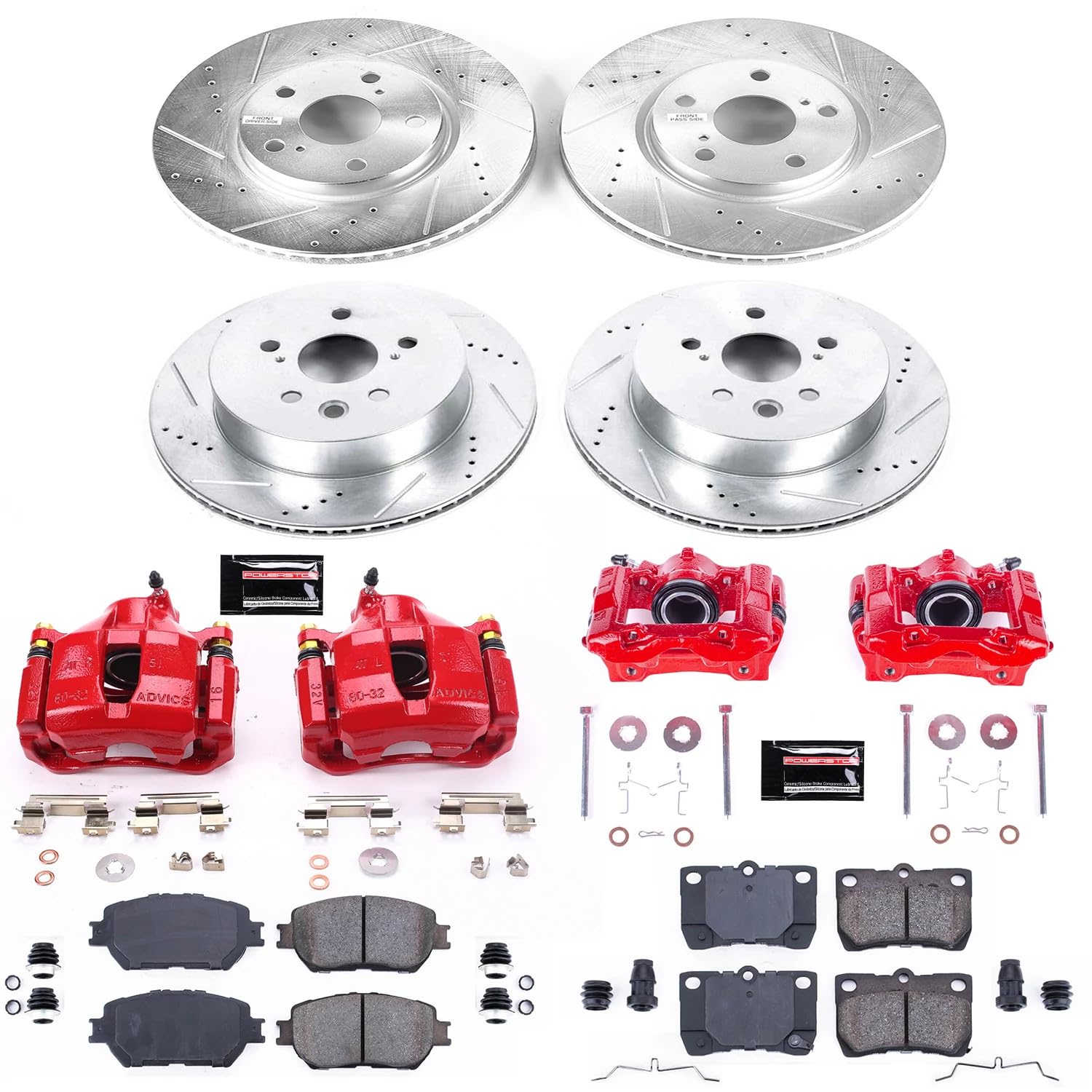 Power Stop Z23 Evolution Front and Rear Brake Kit-Drilled/Slotted Rotors, Brake Pads & Carbon Ceramic Calipers