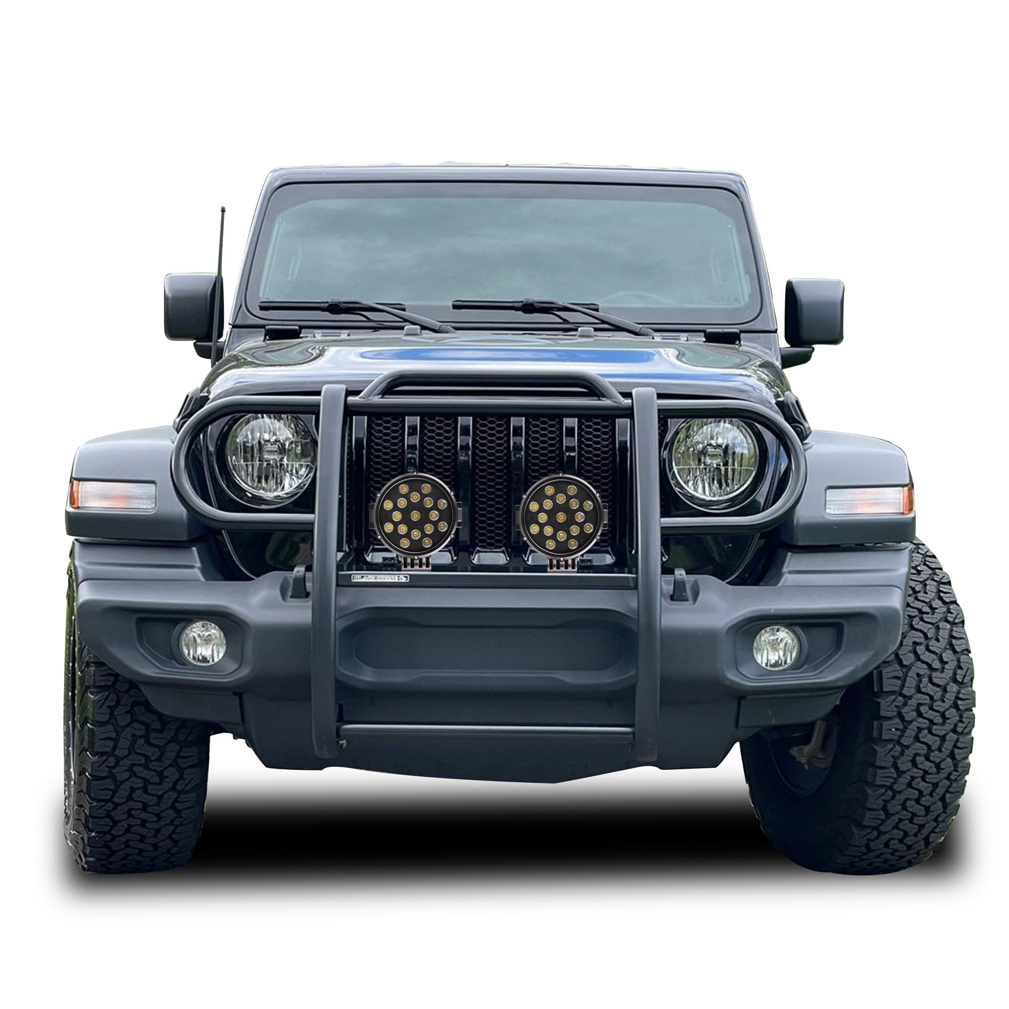 Bumper Guard Modular Black Horse Grille brush Come With pair of 7.0"Dia.LED Lights with Black Trim Rings Compatible with 2020-2024 Jeep Gladiator|2018-2024 Jeep Wrangler-17JPJLMA-PLB