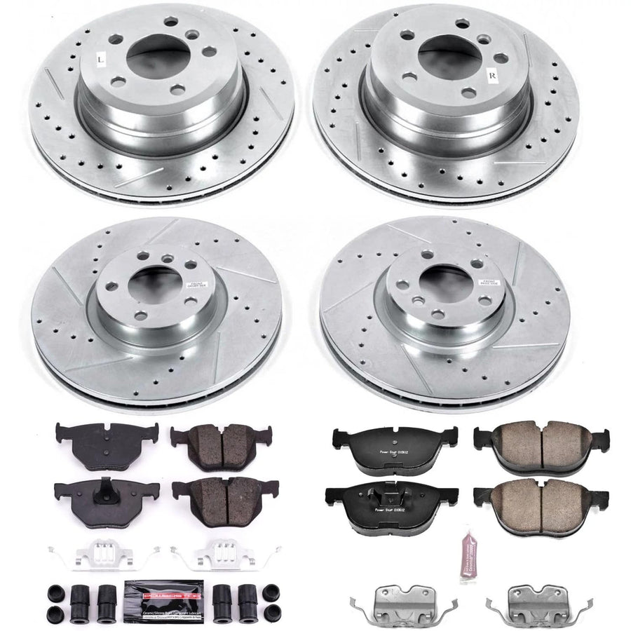 Power Stop K7996 Z23 Carbon Fiber Brake Pads Front and Rear with Drilled & Slotted Brake Rotors Kit and 1 Front & 1 Rear Sensor Wires