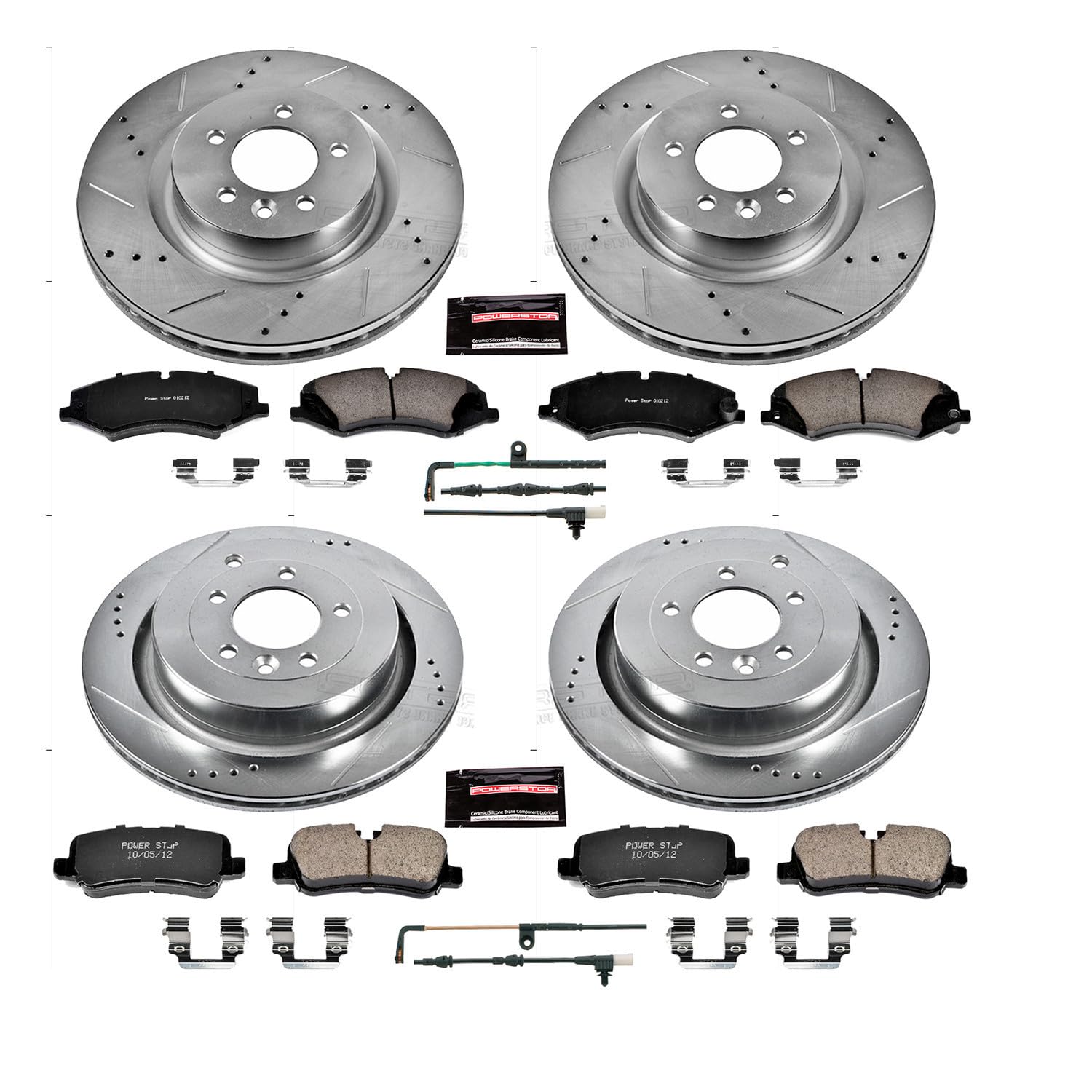 Power Stop K7599 Z23 Carbon Fiber Brake Pads Front and Rear with Drilled & Slotted Brake Rotors Kit and 1 Front & 1 Rear Sensor Wires For Land Rover LR4 2011-2016 [Model Specific]