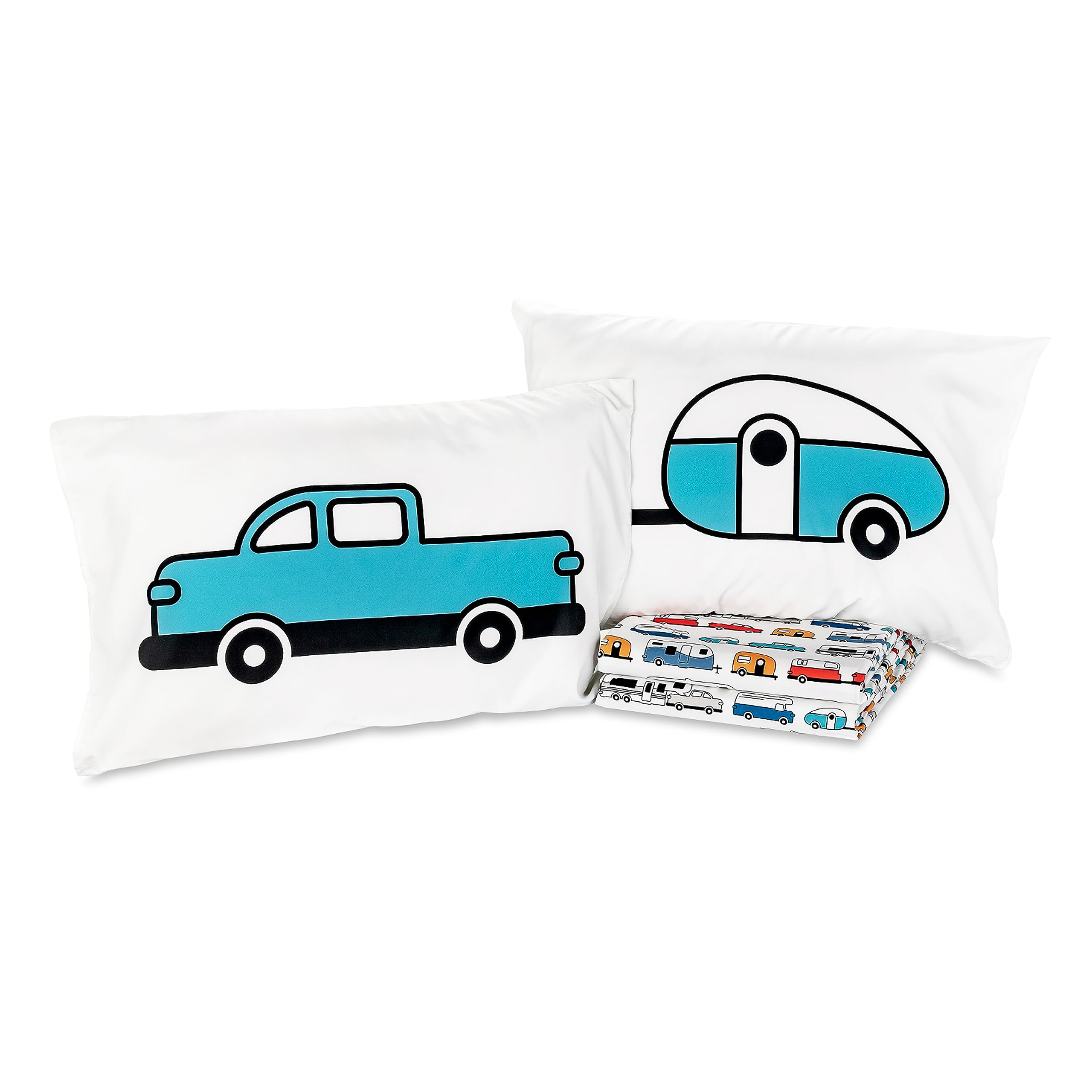 Camco Queen Sheet Set & RV Camper - Features Travel Trailer Print Design - Crafted of Soft Machine Washable Polyester - 4 Piece Set Includes Fitted Sheet, Flat Sheet, & 2 Pillowcases (53299)