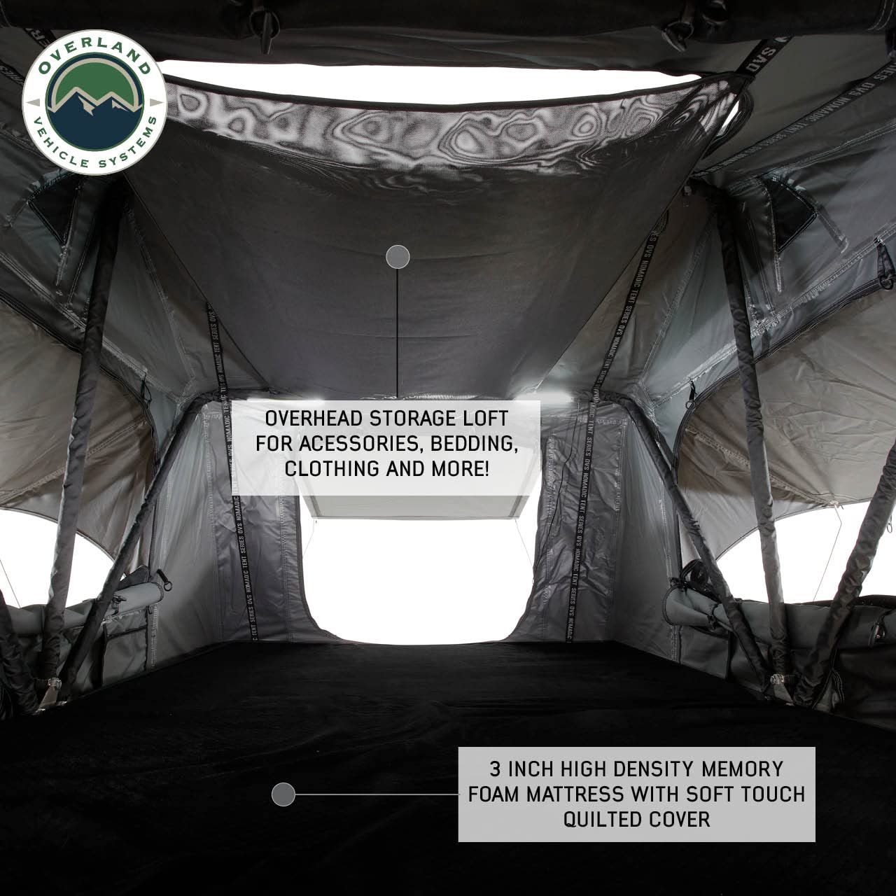 Overland Vehicle Systems Nomadic 2 Standard HD Soft Shell Roof Top Tent - Dark Gray Base with Green Rain Fly & Black 1000G PVC Travel Cover - Black Aluminum Base