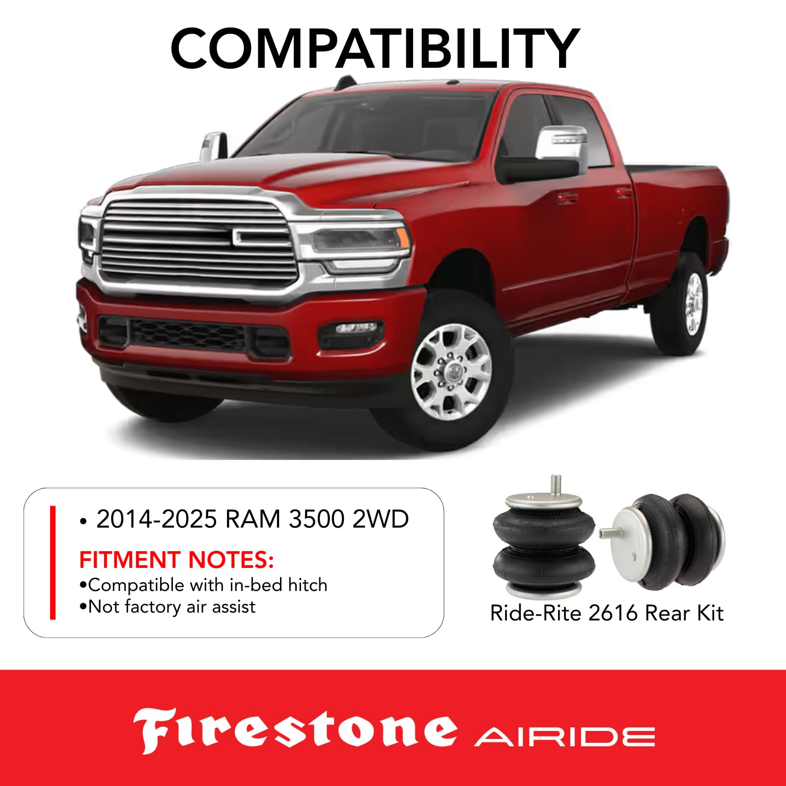 Firestone 2616 Airide Ride-Rite Rear Air Springs Kit fits 2014-2025 Ram 3500 2WD Not Factory Air Assist | 5-100 PSI | No Drill Installation | Load Capacity of 5,000 Pounds