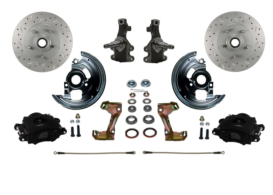 Spindle Mount Kit LEED BRAKES With 2" Drop Spindle Drilled And Slotted Rotors Black Powder Coated Calipers
