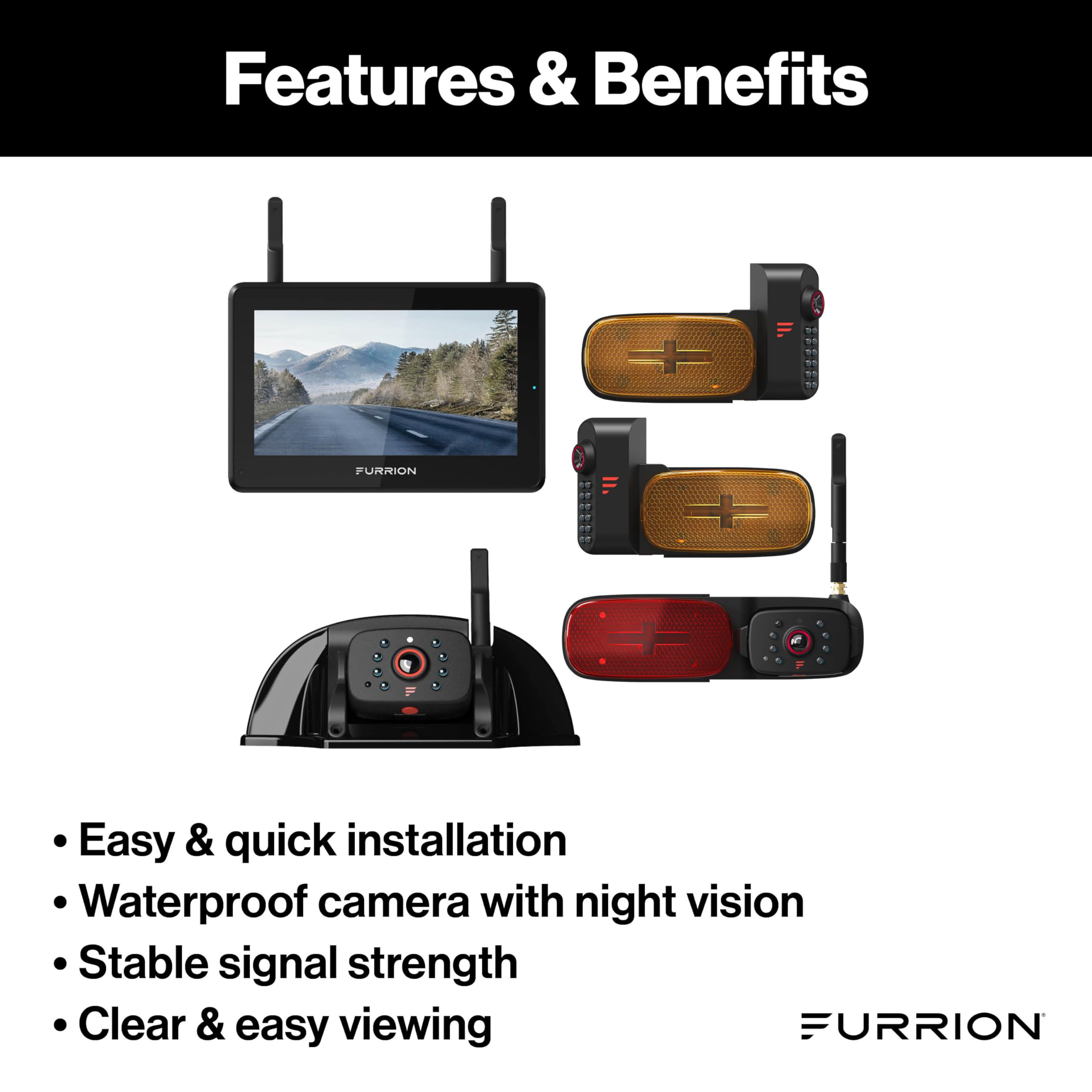Furrion Vision S+ RV Observation System with 7" Monitor, Cameras Left/Right Side w/LED Marker Lights, Sharkfin, Rear Camera with LED Marker Light, Infrared Night Vision, Live Streaming - FOS7HTAPM