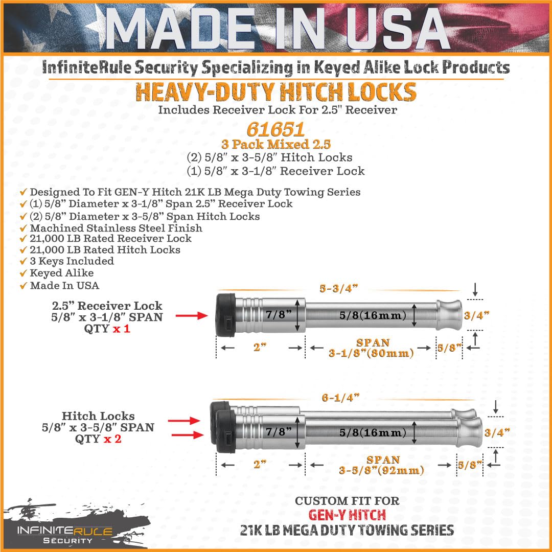 3 Pack Mixed Hitch Locks for Gen-Y Hitch 21K LB Mega Duty Series, Keyed Alike - Includes Lock for 2.5" Receiver