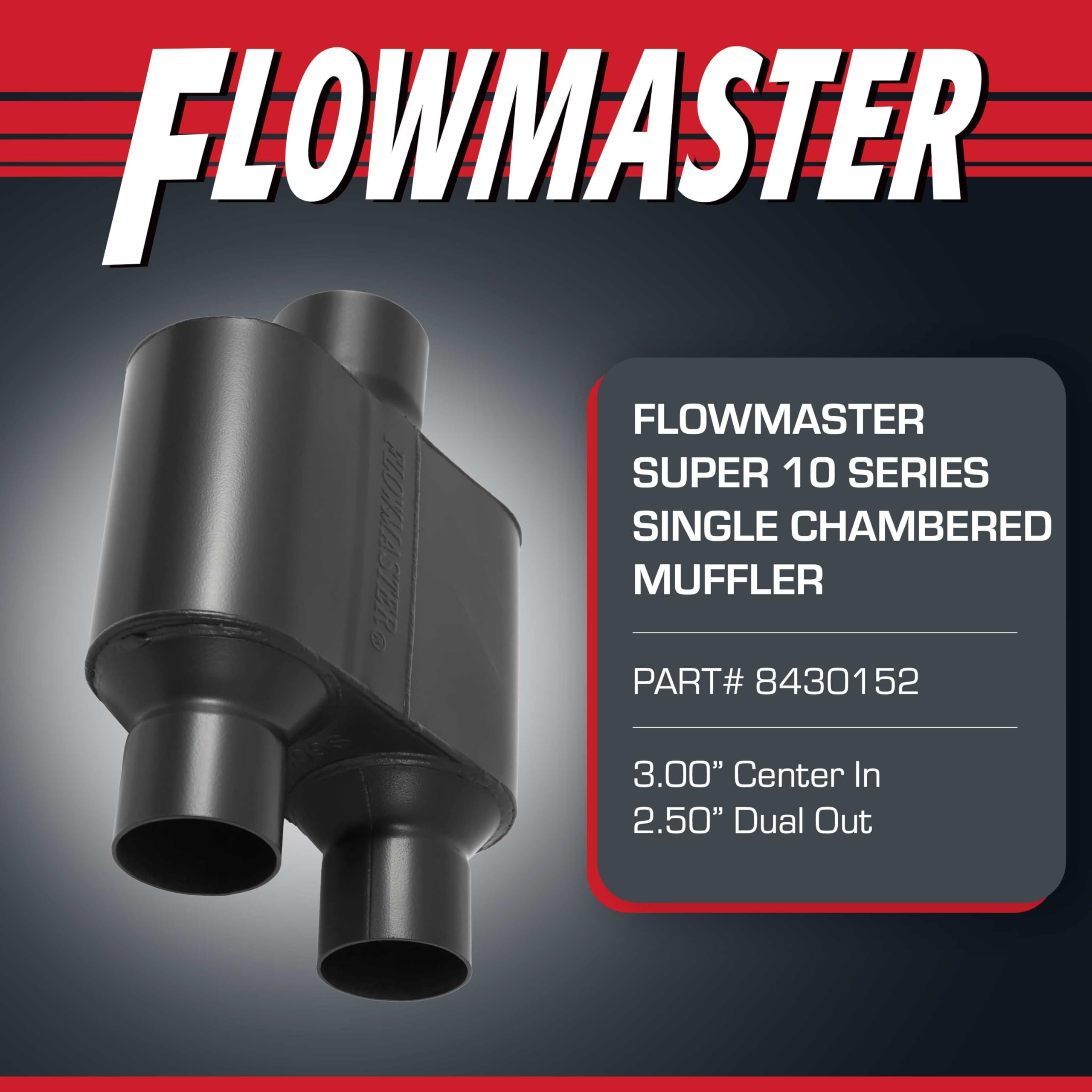 Flowmaster Super 10 Muffler Series – 3.00" Center In / 2.50" Dual Out – Race-Inspired Sound – 409 Stainless Steel – Ideal for Muscle Cars, LS Swaps, Drag Cars & Off-Road Builds (8430152)