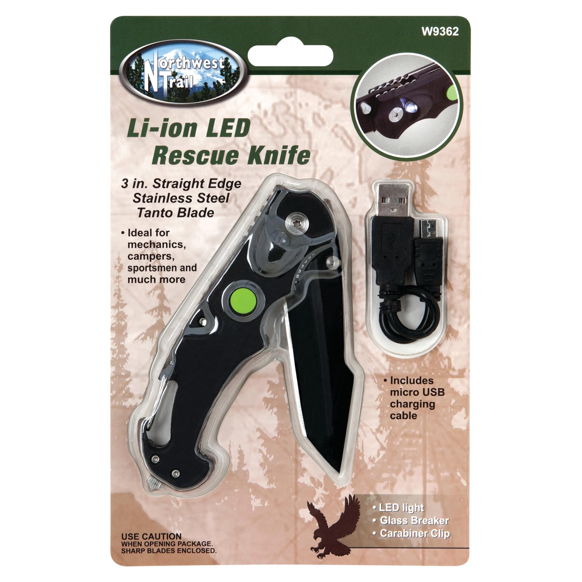 LED Tactical Knife Performance Tool W9362 with Glass Breaker and Carabiner Clip, 3-Inch Stainless Steel Blade and Rechargeable Battery